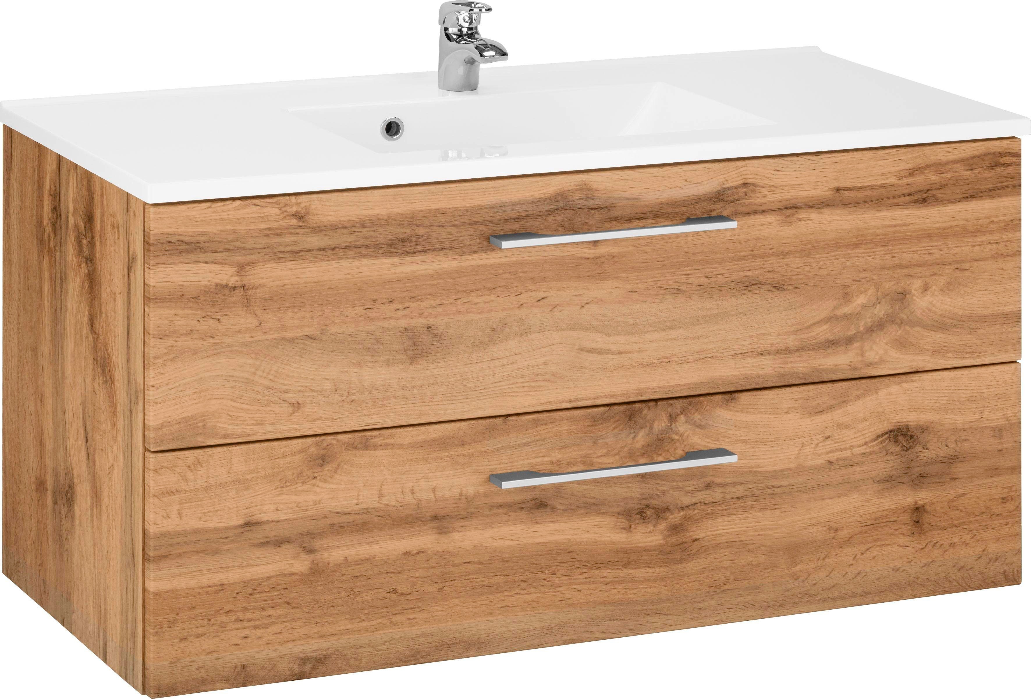 Waschbeckenunterschrank „Soria“, Bad Waschtisch inkl. Waschbecken, Breite 100 cm, eichefarben B/H/T: 100 cm x 14 cm x 48 cm