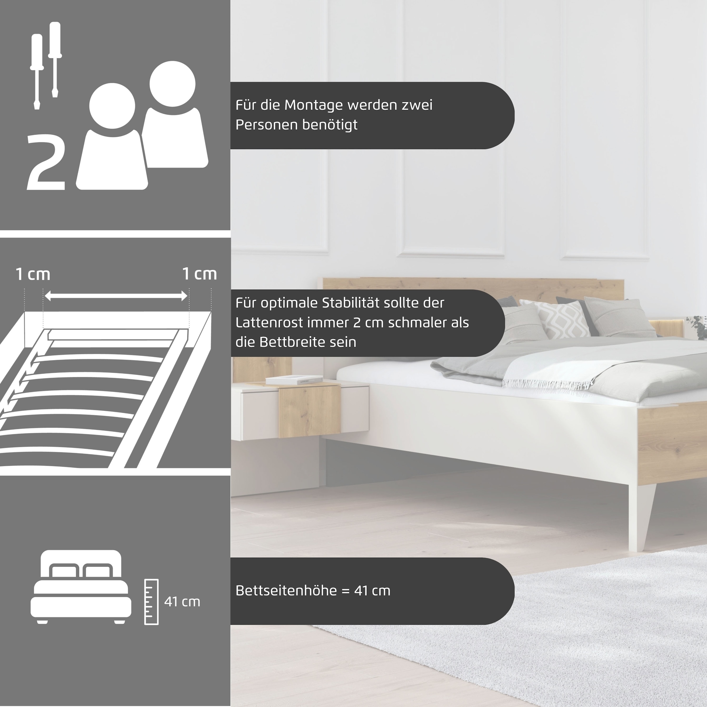 rauch Bettanlage »Bett Doppelbett Komfortbett Schlafzimmer Nachttische KONA« Set, Bett 180x200 oder 200x200, 2x Hängenachttisch, 2x Paneele mit Bel., 5 tlg. tlg. Absetzung Asteiche massiv, mit Soft-Close-Funktion MADE IN GERMANY