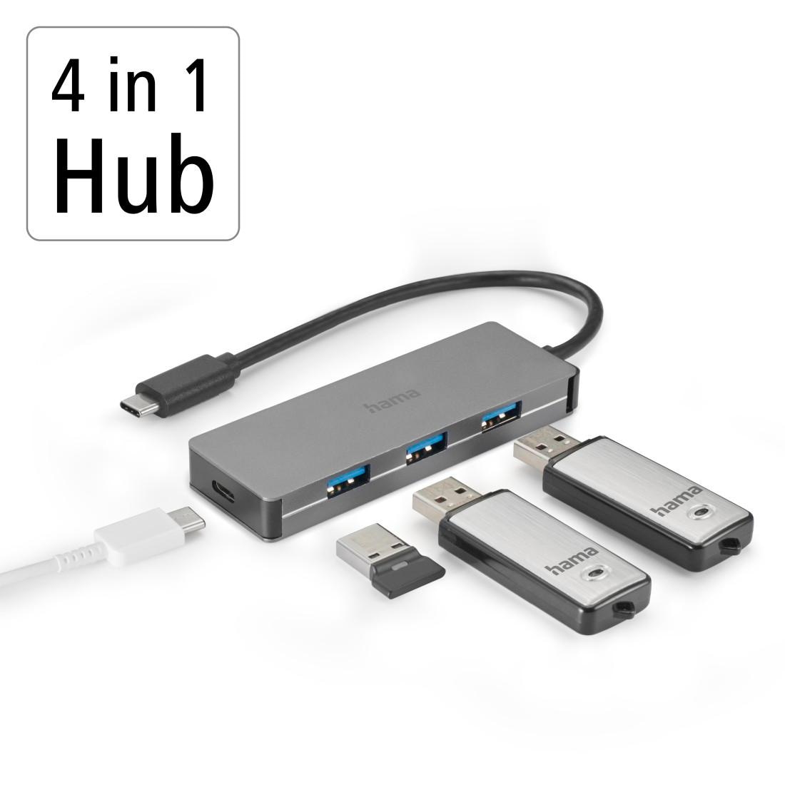 Hama USB-Adapter »USB-C Multiport Hub für Laptop mit 4 Ports, USB-A, USB-C, silberfarben«, USB-C zu USB Typ A-USB-C, 15 cm, Laptop Dockingstation, USB Adapter, robustes Aluminiumgehäuse, kompakt