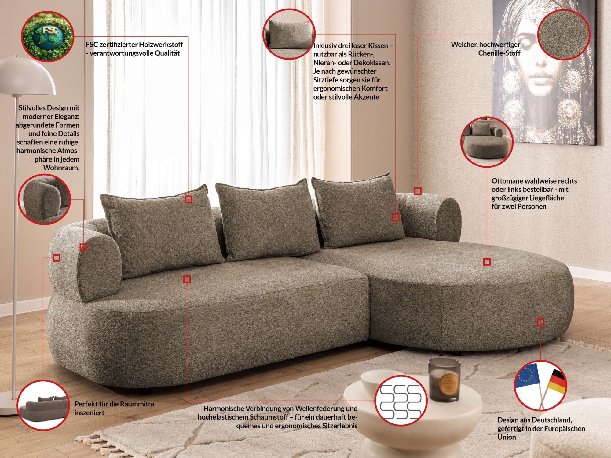 Home affaire Ecksofa »LUSSAC L-Form Design-Sofa mit Zierkissen, Maße B/T/H: 257/159/78 cm«, hoher Sitzkomfort und modernes Design, Sofa ohne Bettfunktion