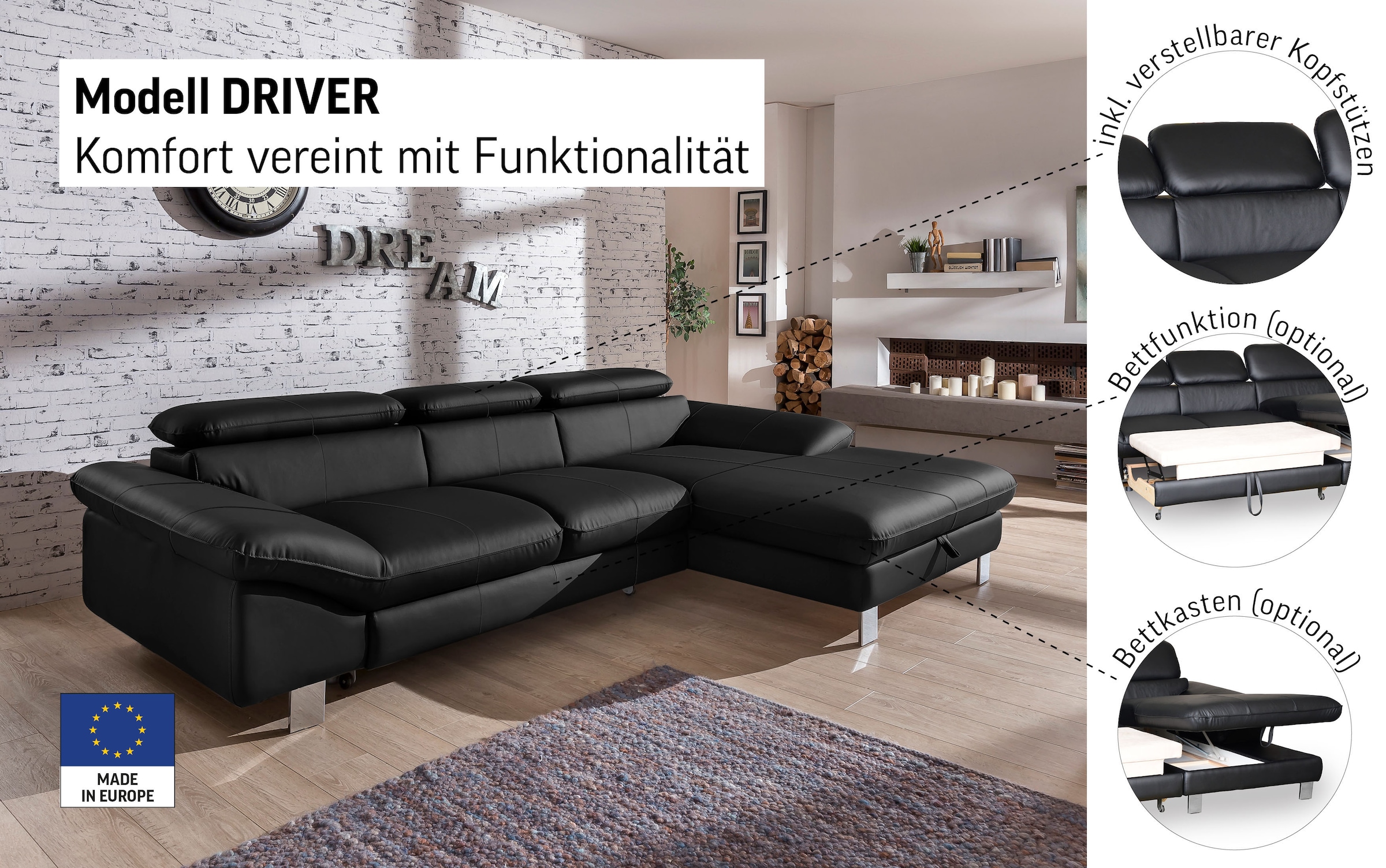 COTTA Ecksofa »Driver L-Form« mit Kopfteilverstellung, wahlweise mit Schlaffunktion & Bettkasten