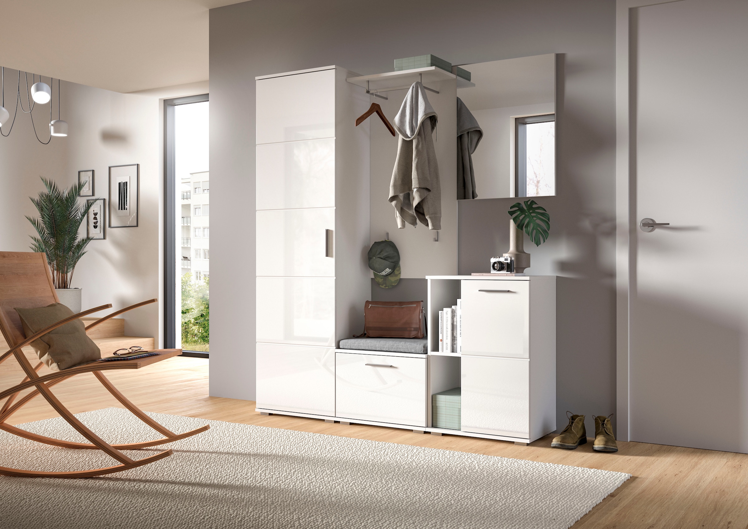 INOSIGN Garderoben-Set »Valge, Breite 165 cm, 5-teiliges Set, bestehend aus:«, (5 St.), Garderobenschrank, Sitzbank, Garderobenpaneel, Schuhschrank & Spiegel
