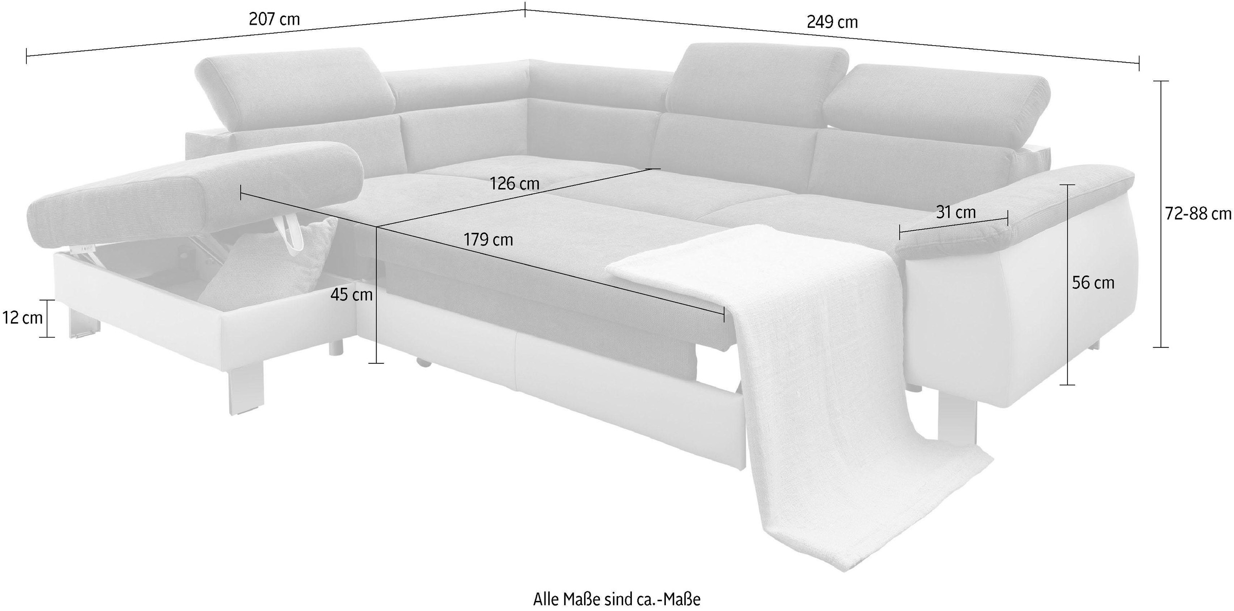 COTTA Ecksofa »Komaris L-Form mit Kopfteilverstellung«, wahlweise mit Bettfunktion, Bettkasten & Beleuchtung