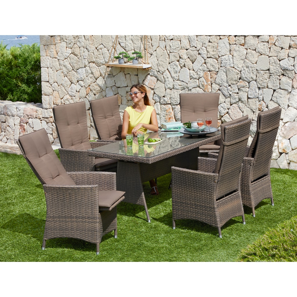 MERXX Garten-Essgruppe »Valencia«, (6x verstellbare Relaxsessel, 1x Tisch 150x80 cm, inkl. Auflagen), Aluminium, Polyrattan, geeignet für 6 Personen