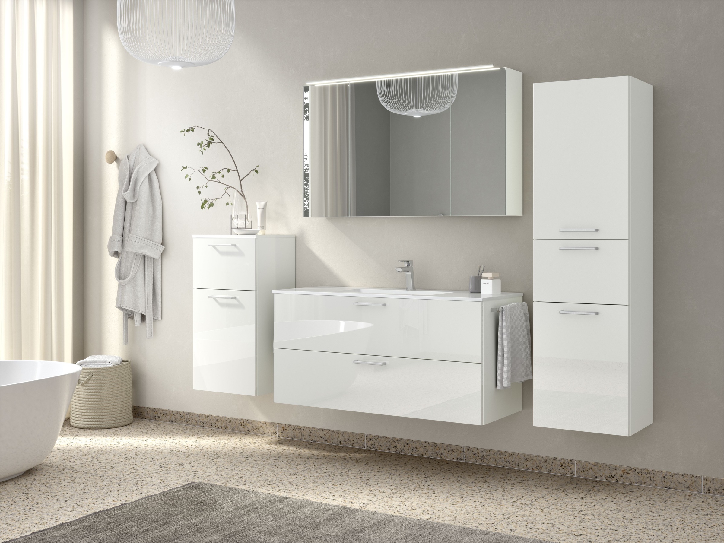 nobilia® Badmöbel-Set »Tolvina«, (4 St., vormontiert, mit Soft-Close), inkl. Spiegelschrank mit Beleuchtung und Dimmerfunktion, in 4 Breiten