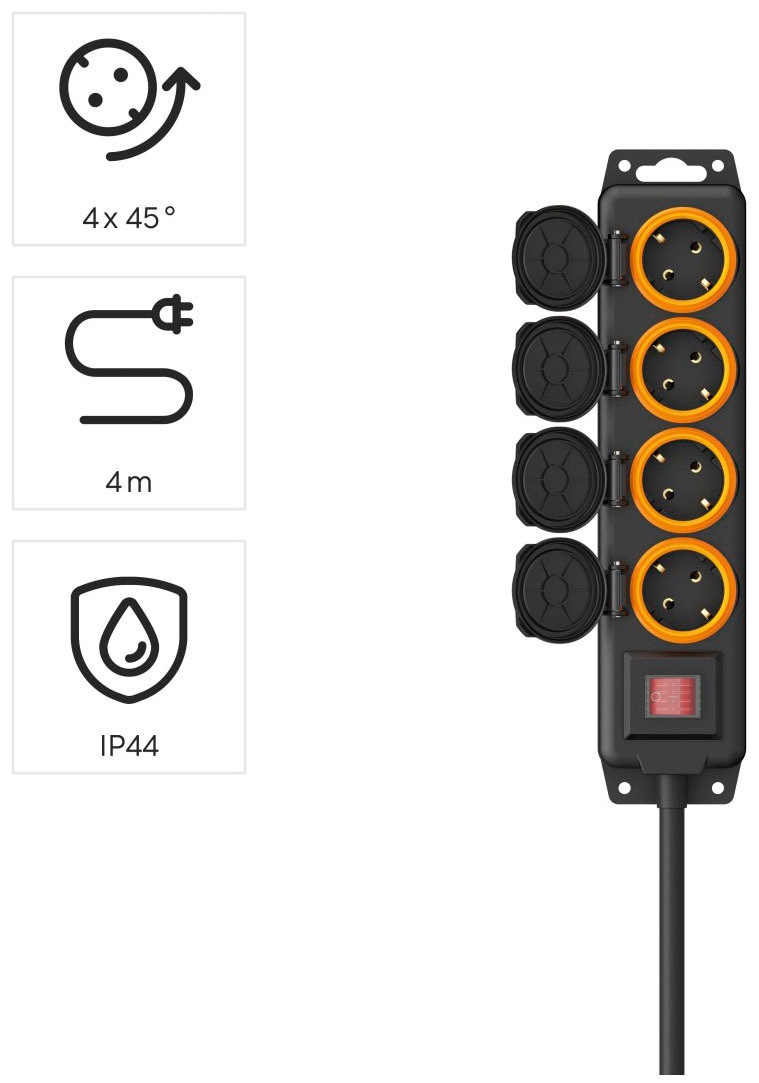 Hama Steckdosenleiste, 4-fach, (Ein- / Ausschalter-Schalterbeleuchtung-Klappendeckel Schutzkontaktkupplung-Schutzkontaktstecker Kabellänge 4 m), IP44