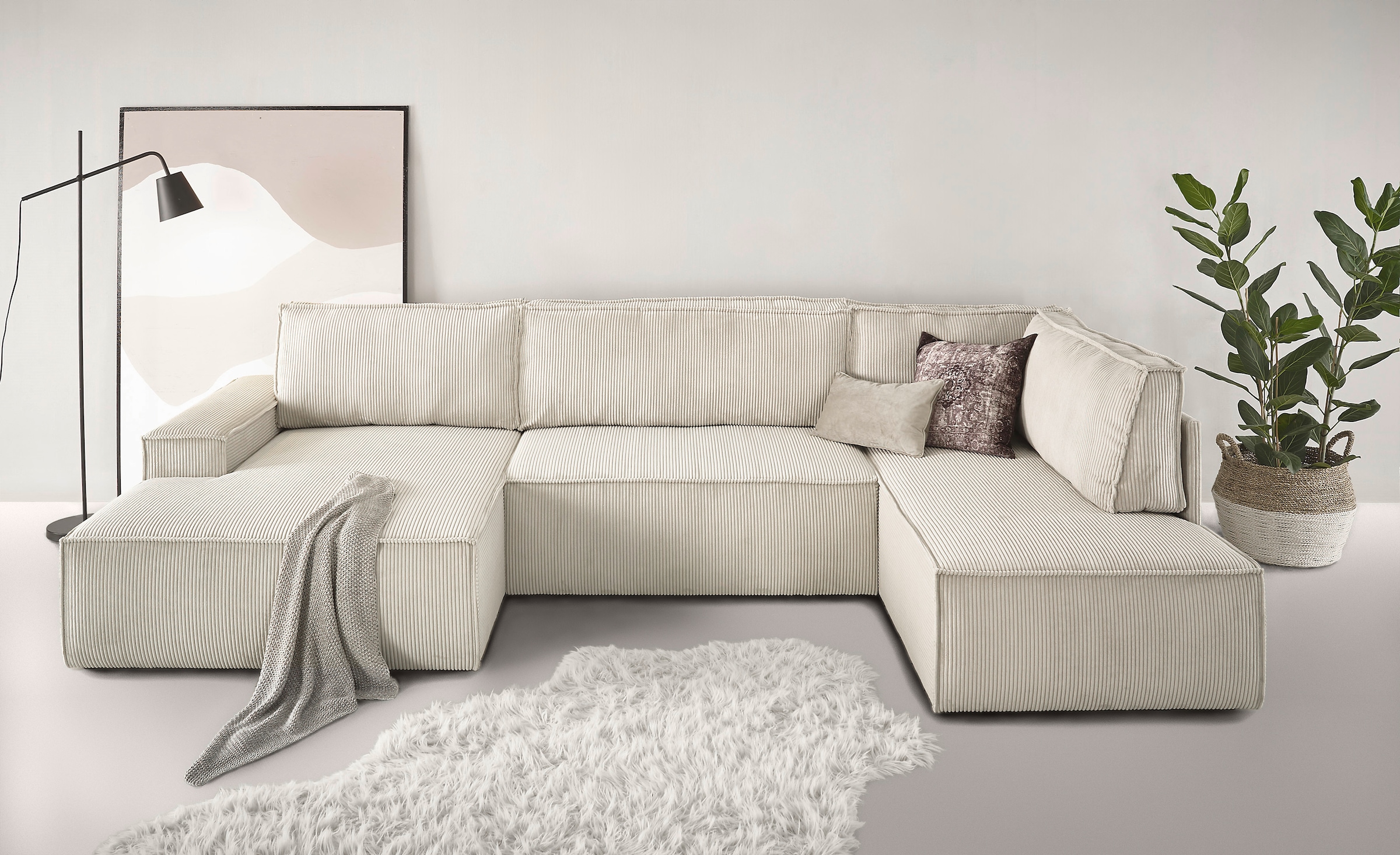 Home affaire Wohnlandschaft »SHERWOOD 329 cm, U-Form, Schlafsofa,«, Schlaffunktion m. Bettkasten (194x139 cm), Cord, Vintage, Samtvelours