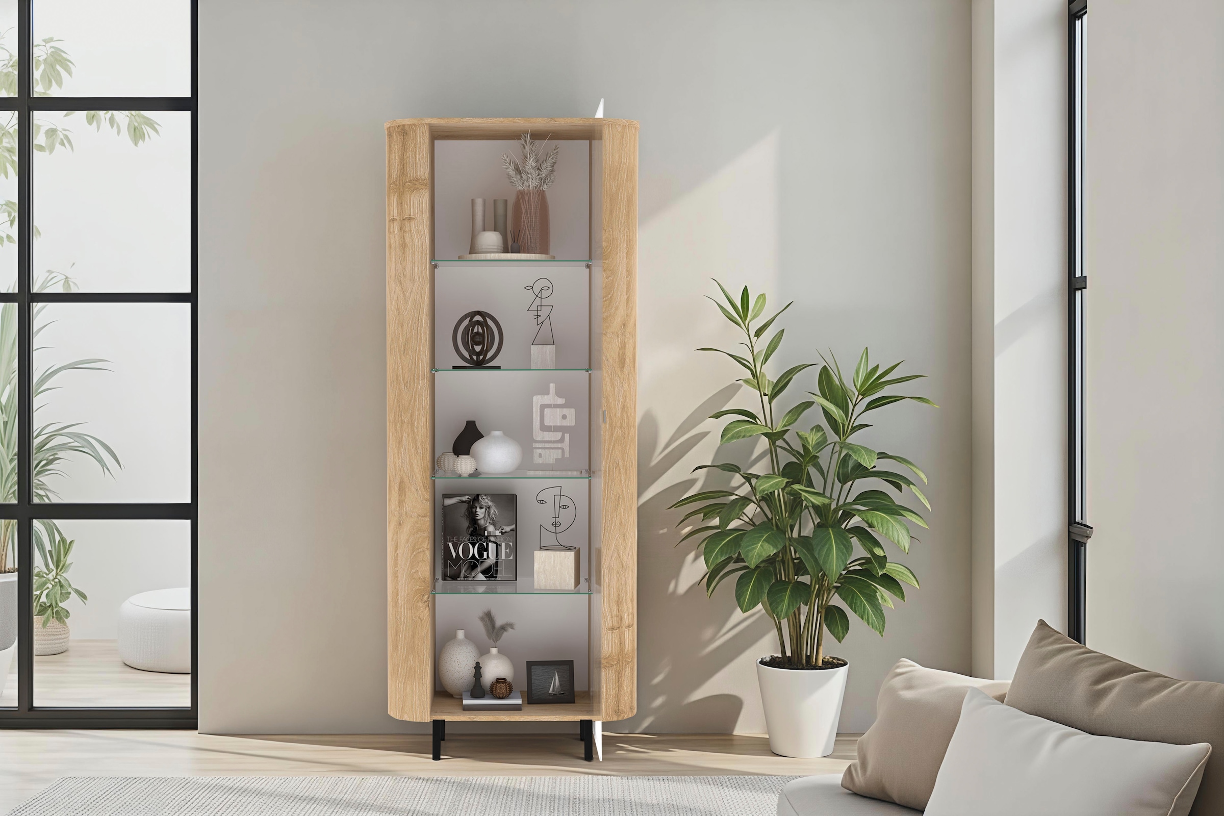 Home affaire Vitrine »Murano, Standvitrine H 200 cm, B 80 cm, 1 Tür, Vitrinenschrank« Formgebogenes MDF, Stirnseiten mit Rundung, Metallfüße, stilvoll