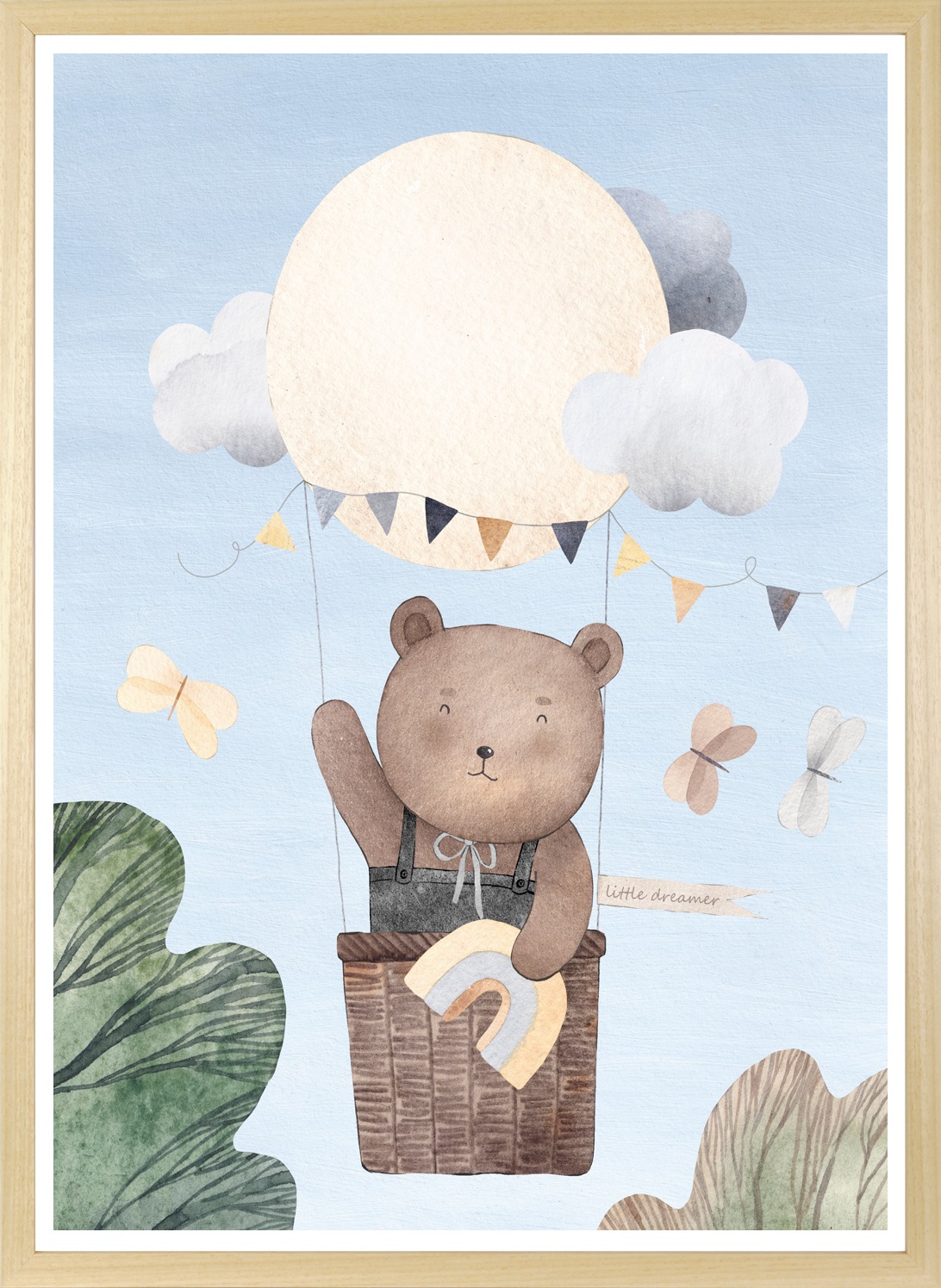 queence Bild mit Rahmen »Bär im Heißluftballon«, Ballonfahren-Bär-Bären-Baum-Baumbilder-Bäume-Bienen-Heißluftballon-Himmel-Himmelsbilder-Insekten-Landschaft-Schmetterlinge-Tiere-Wolken, (1 St.), HD Premium Posterdruck mit Echtholzrahmen