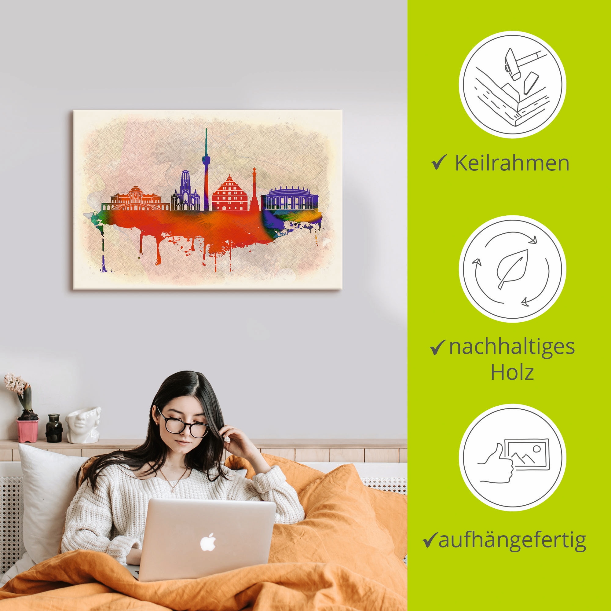 Artland Leinwandbild »Stuttgart Deutschland Skyline«, Deutschland, (1 St.), auf Keilrahmen gespannt