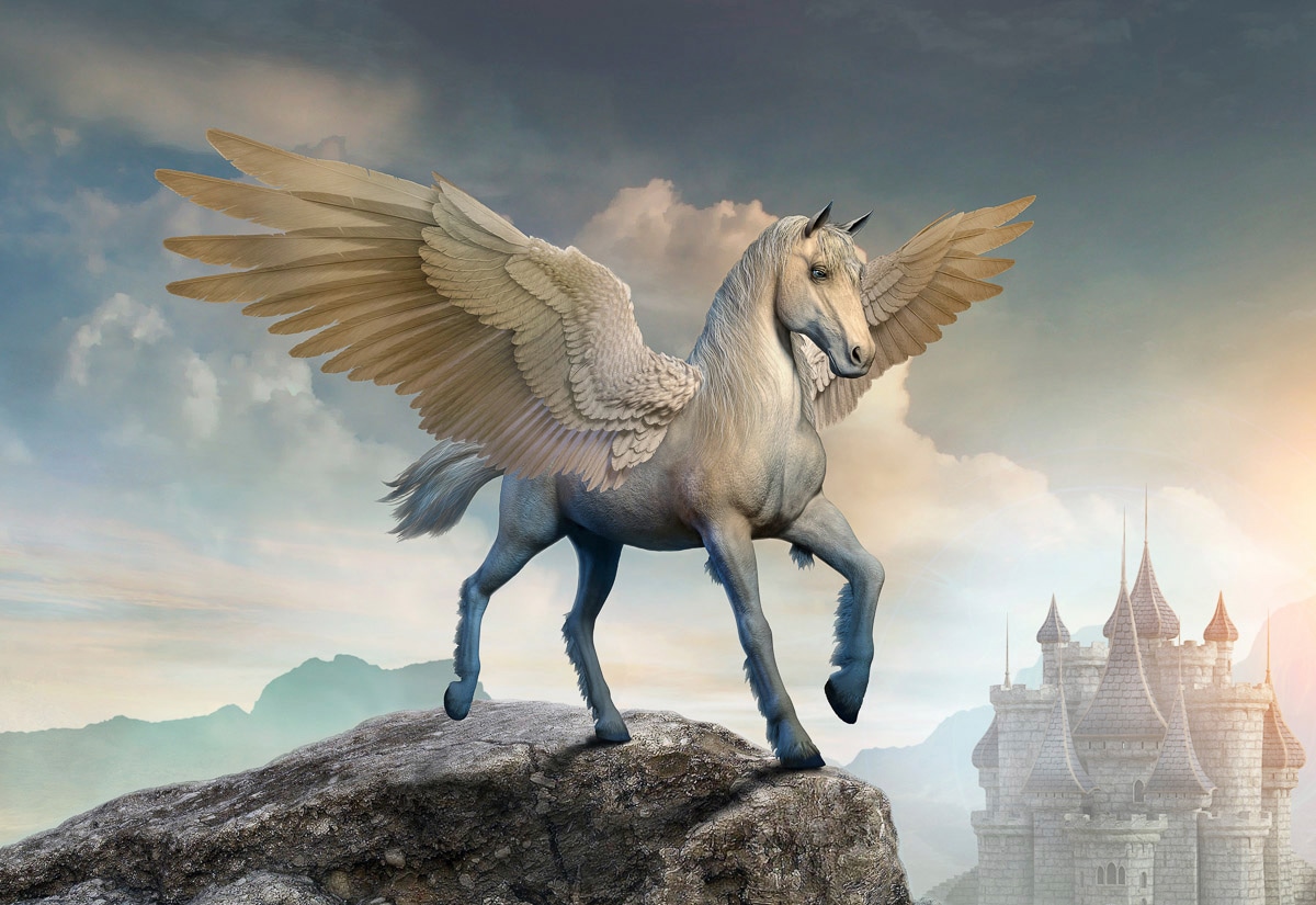 Papermoon Fototapete »PEGASUS-PFERDE TIERE PFERD SCHLOSS PALAST FANTASY DEKO«