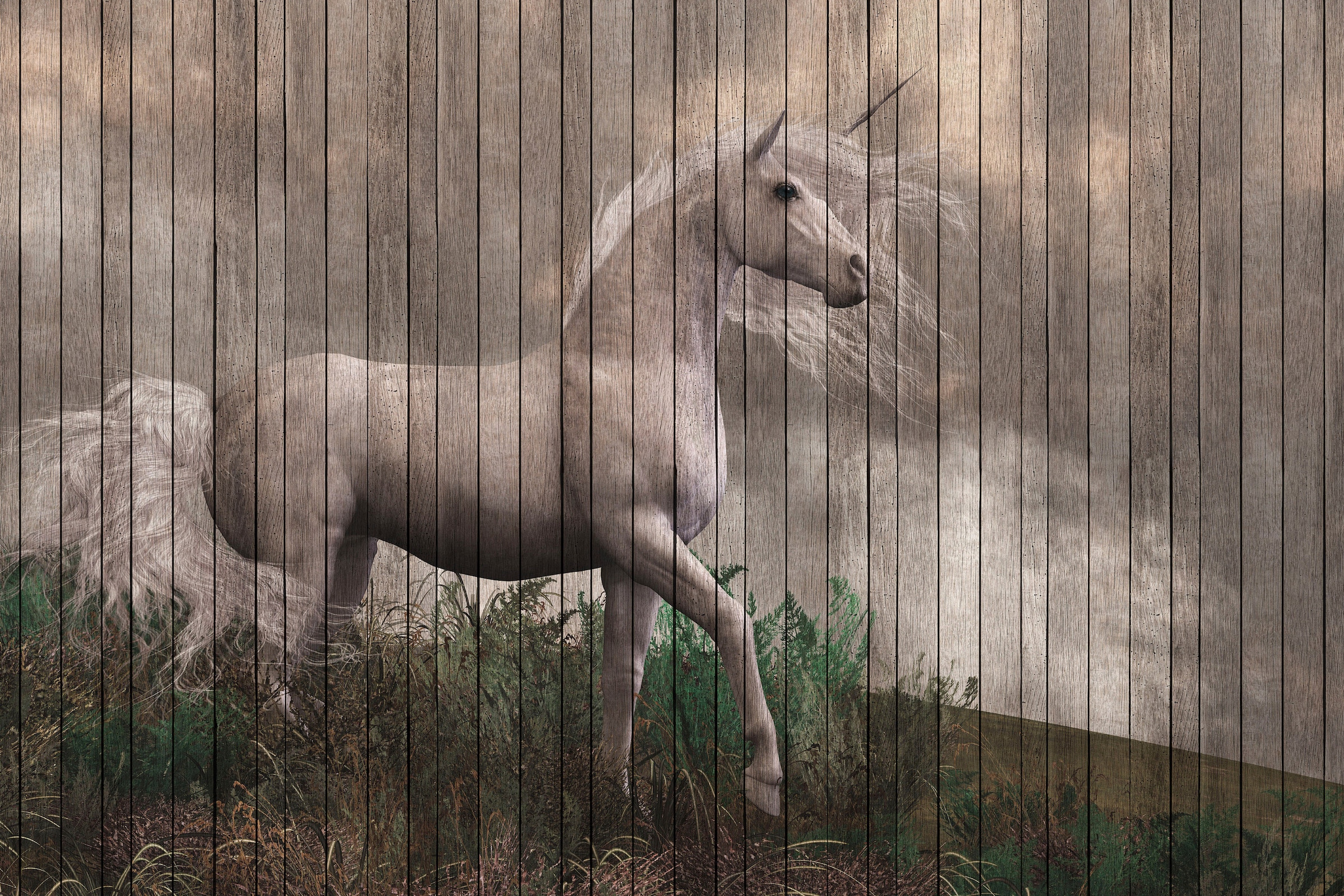A.S. Création Leinwandbild »fantasy 3«, Kunst-Tiere-Kinder, (1 St.), Keilrahmen Bild Holzoptik Einhorn Leinwand-Bild Wohnzimmer modern Wand