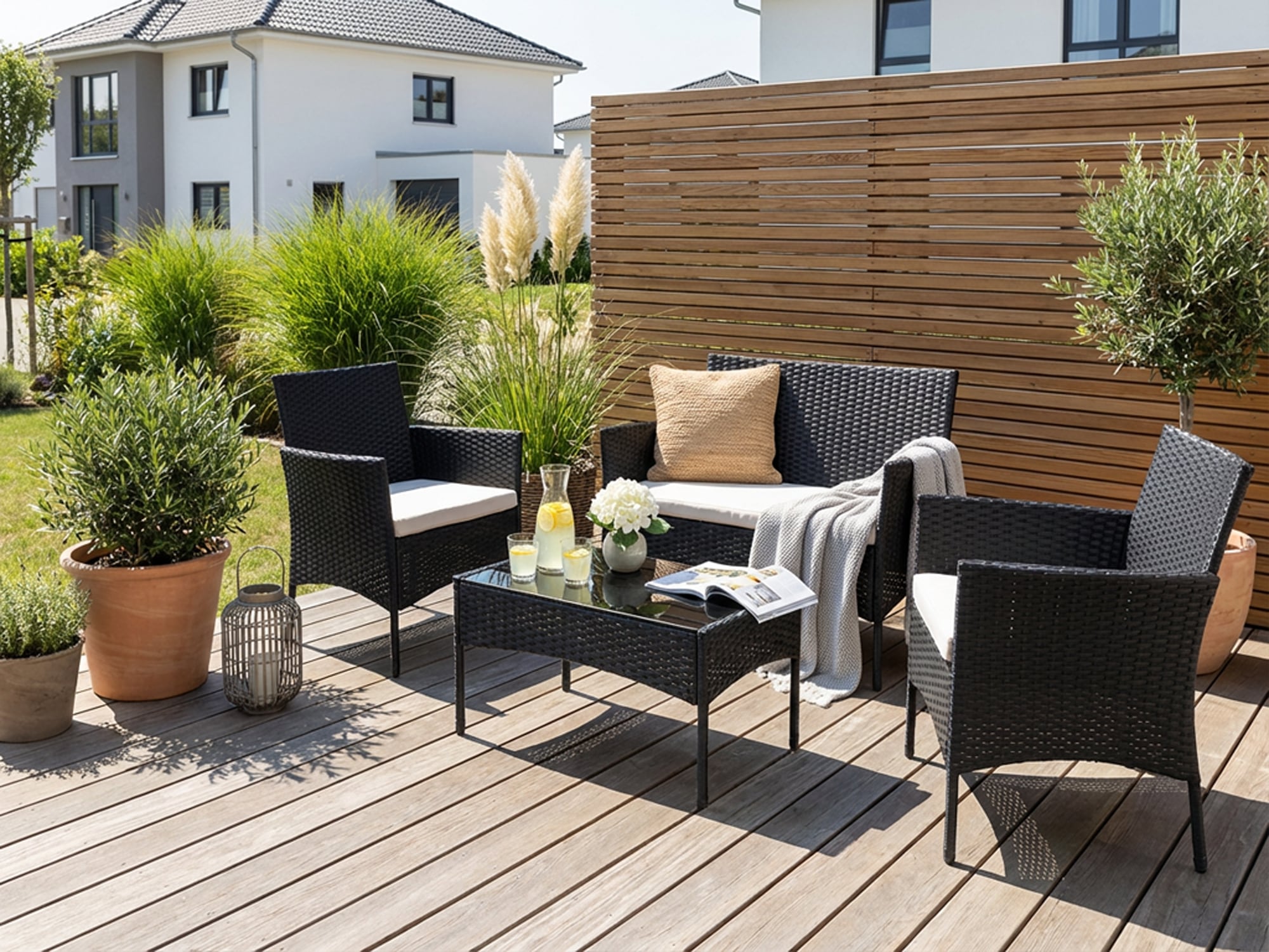 KONIFERA Gartenlounge-Set »Balkonset »Palma«« Set, 1x2er Sofa, 2 Sessel, Tisch 41x71x39 cm, inkl. Auflagen, 7 Stk. tlg. Stahl/Polyrattan
