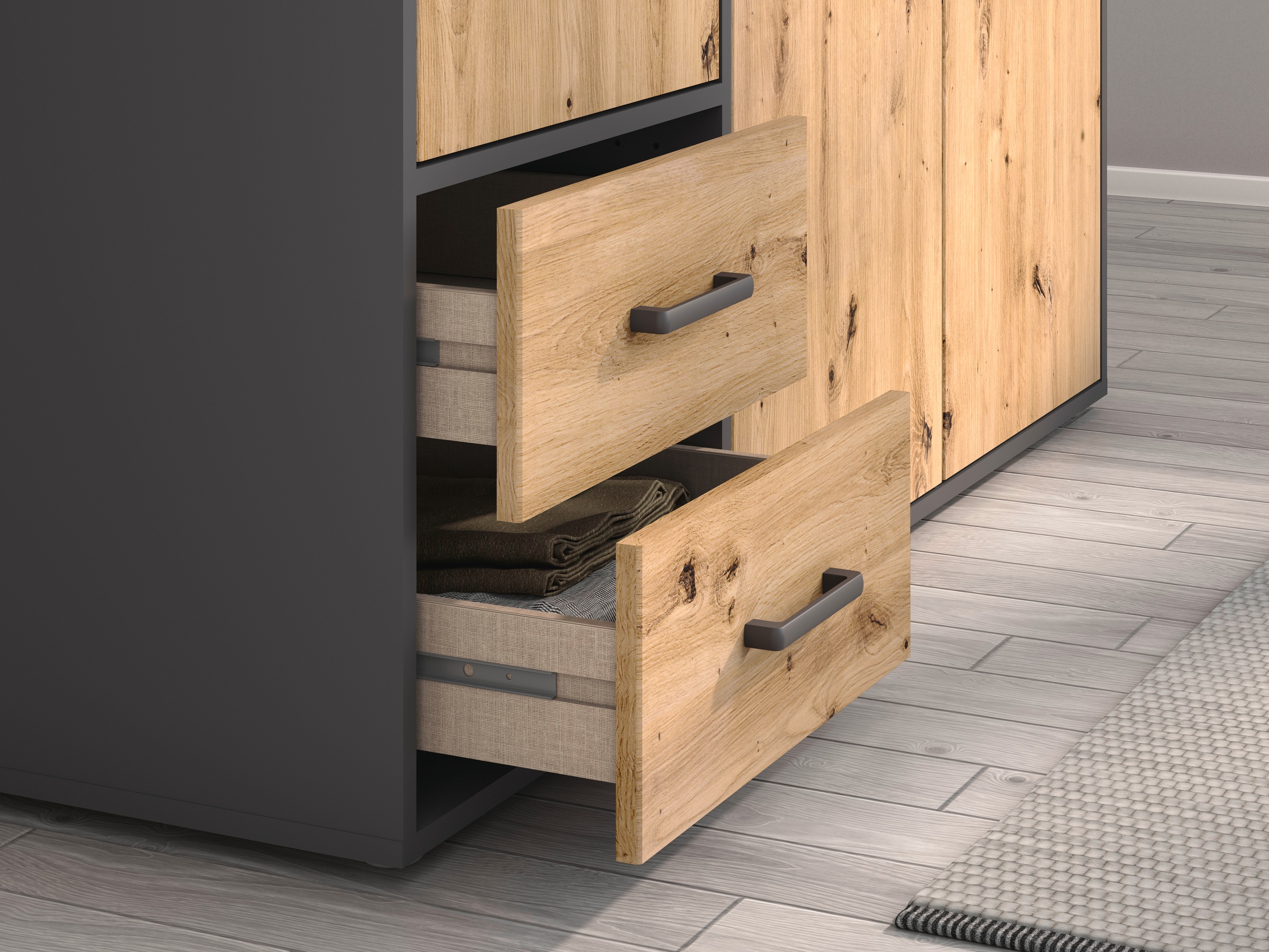 rauch Drehtürenschrank »Kleiderschrank Schrank Garderobe Wäscheschrank VOYAGER«, (in 3 verschiedenen Ausstattungen BASIC/CLASSIC/PREMIUM), mit modernen Griffen in Graumetallic, inkl. Schubkästen und Spiegel
