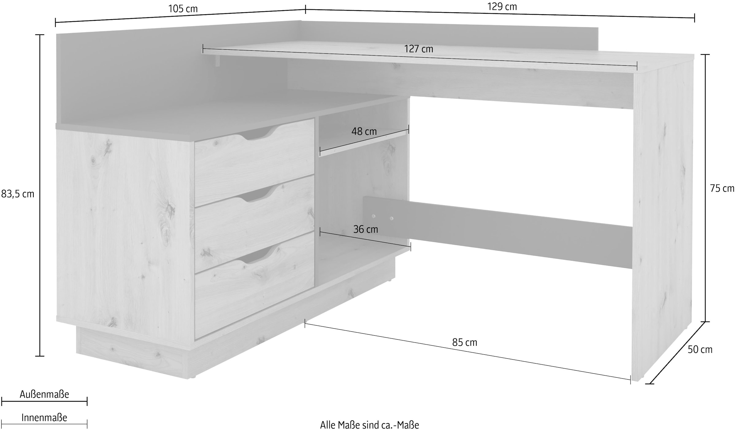 byLIVING Eckschreibtisch »Bern«, mit viel Stauraum, Breite 129 cm, rechts oder links montierbar