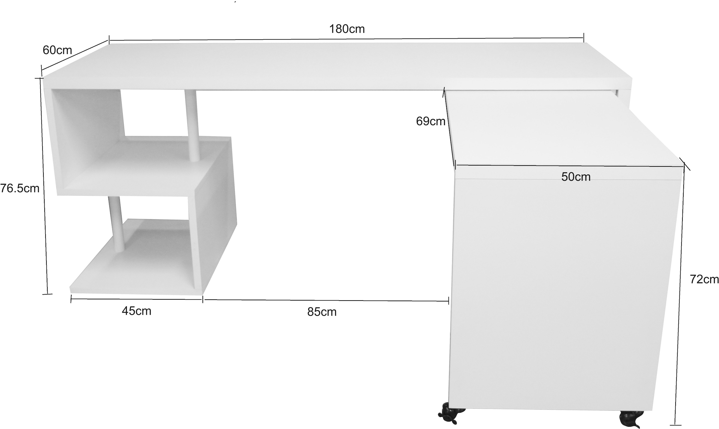 Places of Style Schreibtisch »Lopar, Eckschreibtisch«, rollbares Tischelement, großzügige Arbeitsfläche, Winkel 180x129 cm
