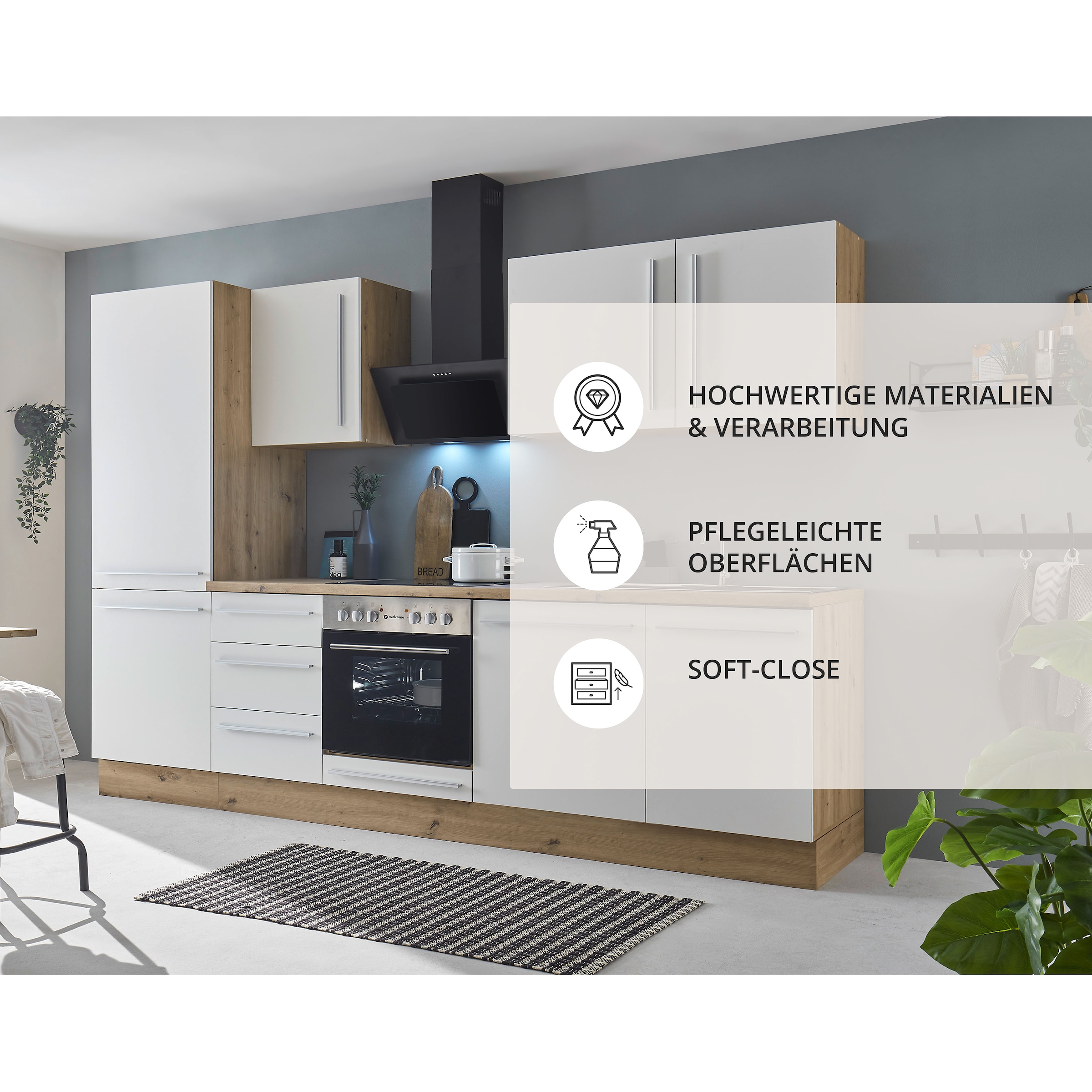 KOCHSTATION Küchenzeile »KS-Florida mit 38mm starker Arbeitsplatte« Breite 280 cm, wahlweise mit E-Geräten, Soft-Close-Funktion