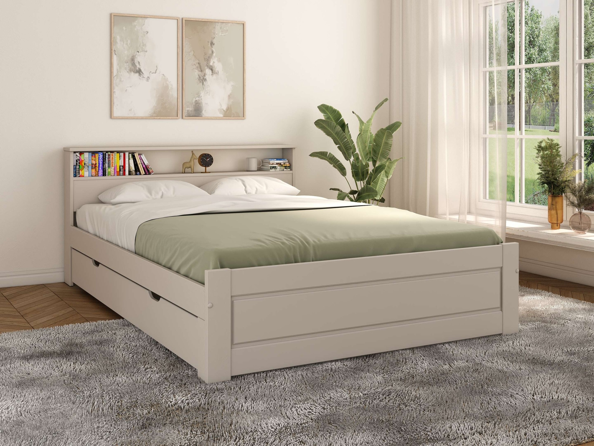 OTTO home Massivholzbett »FLAVION,  Jugendbett, FSC® zertifizierte massive Kiefer« Breite: 90, 140, 180,  Qualitätsprodukt, Regal, Kassettenoptik, Schublade optional