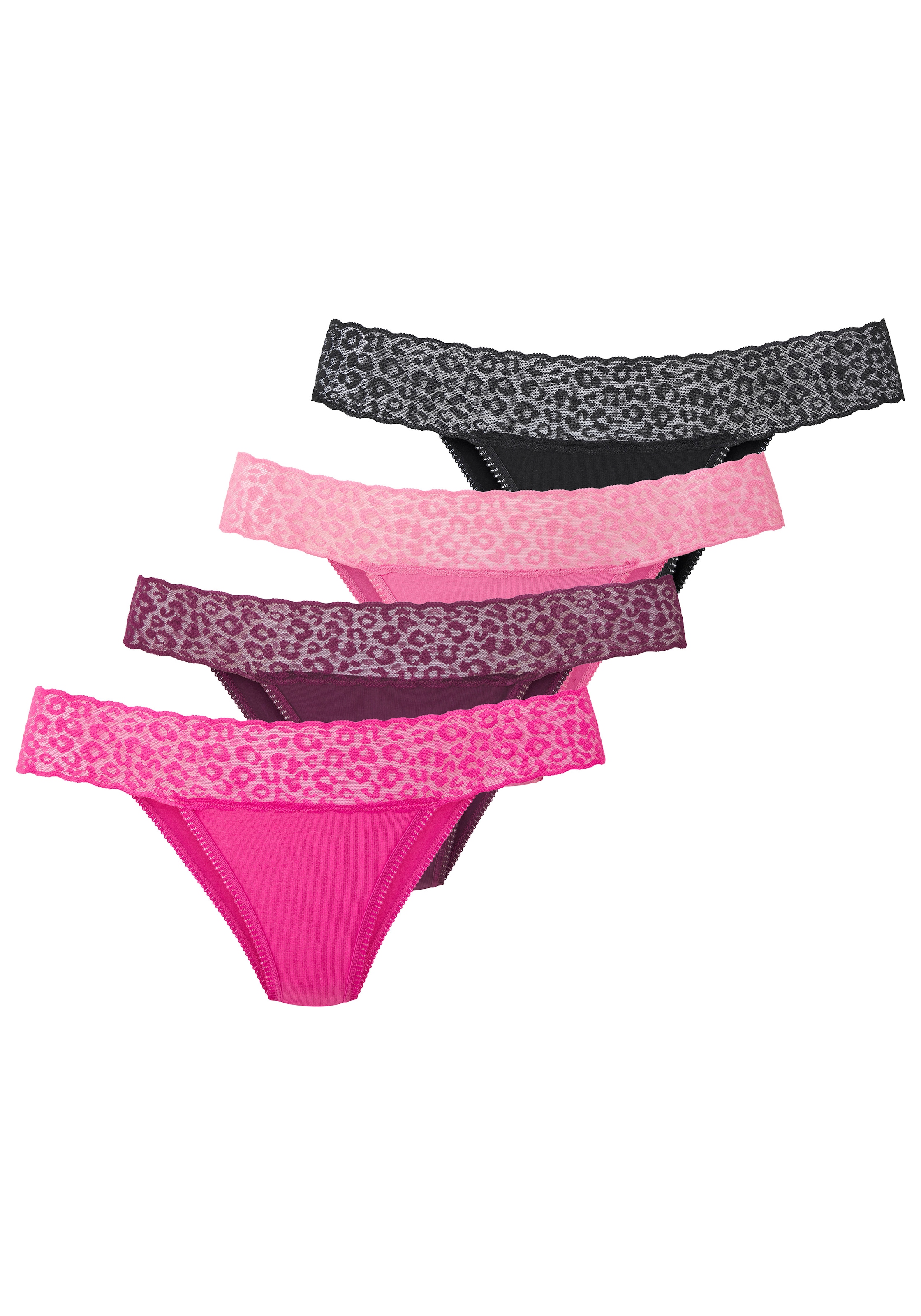 LASCANA Brasilslip 4er Pack,  aus elastischer Baumwolle mit Leo-Spitze am Bund