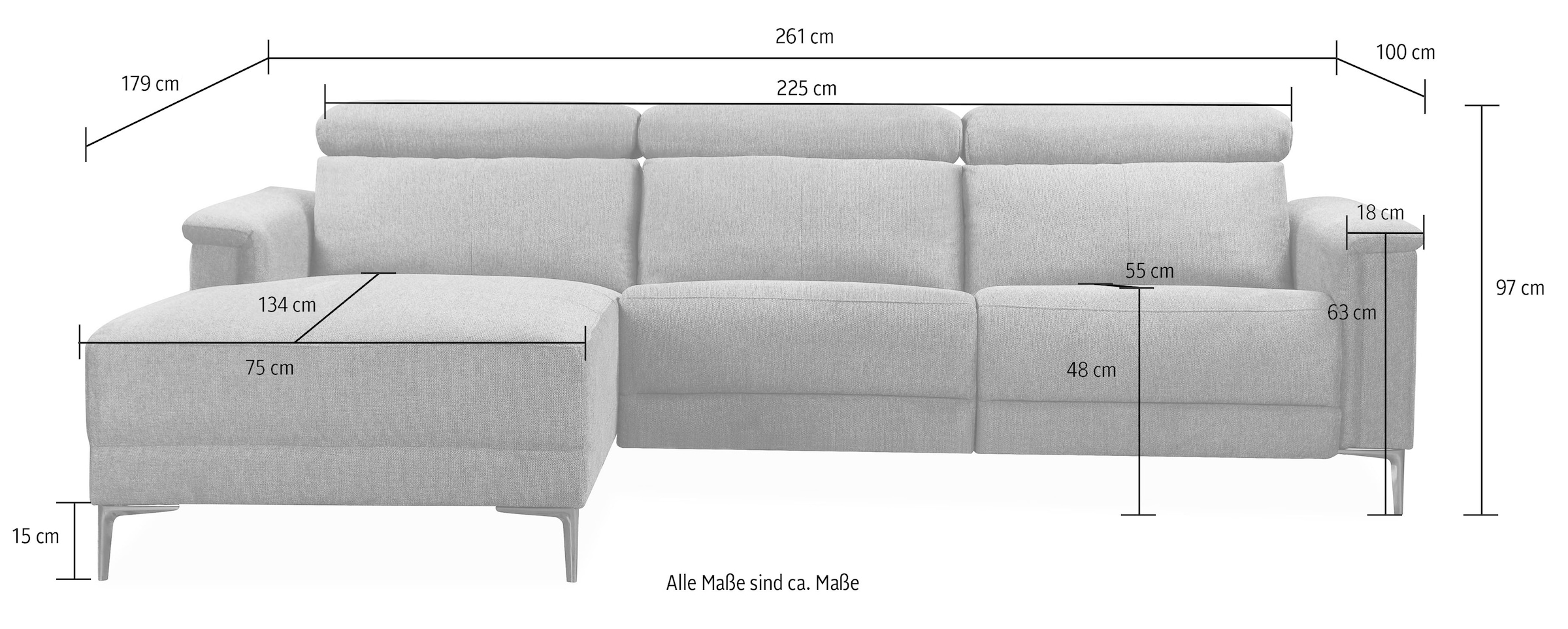 OTTO home Ecksofa »LUND, Naturleder, L-Form, 261cm, man./elektr. Relaxfunktion (USB-A)« und Kopfteilverstellung