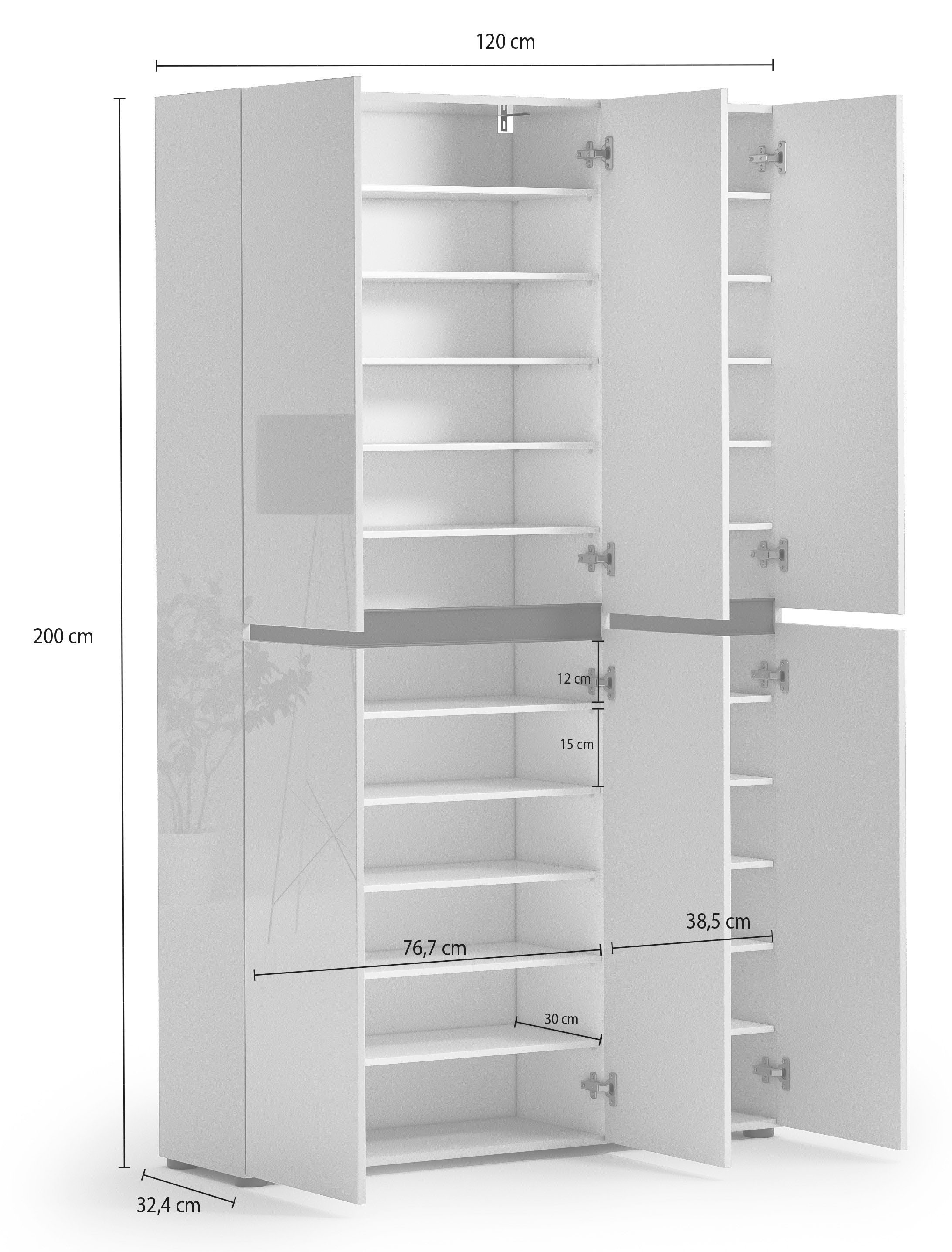 Home affaire Schuhschrank »MISTER Schuhkommode, Schuhmöbel, Schuhregal, Hochglanz lackiert« Breite 120 cm, Höhe 200 cm, 6 Türen, 24 Fächer, ca.58 paar Schuhe
