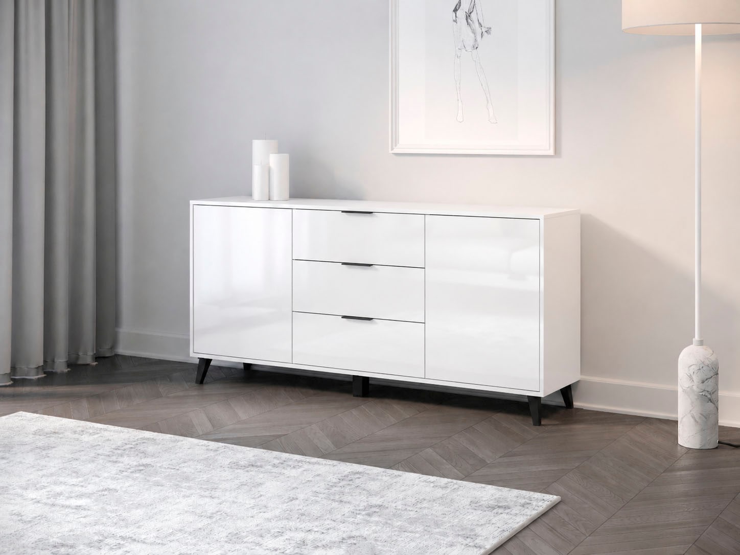 OTTO home Sideboard »Oslo, B/H/T: 150/76/39,5 cm« 3 Schubladen, 2 Türen mit Push-to-open, schwarze Metallgriffe
