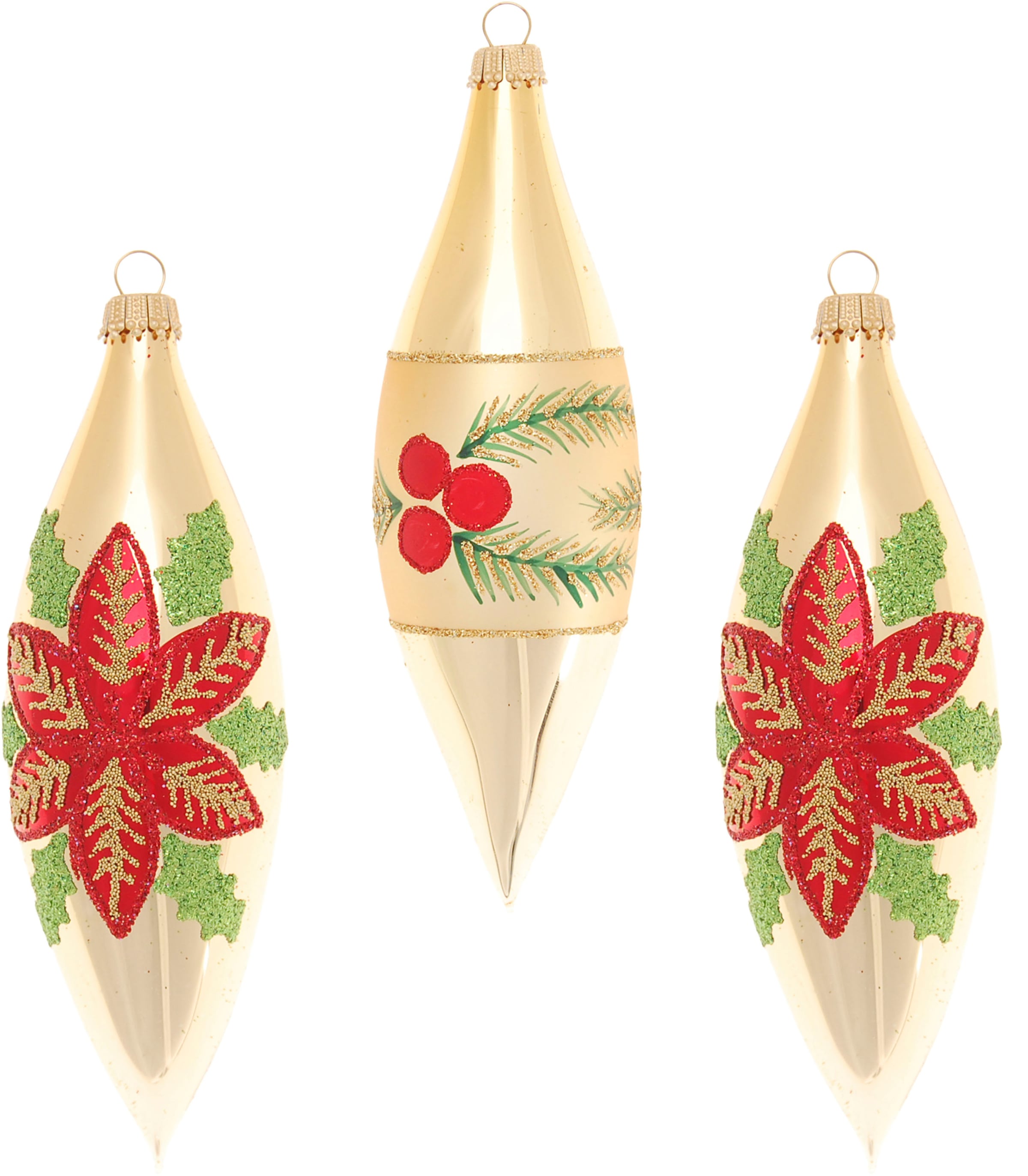 Krebs Glas Lauscha Christbaumschmuck »Weihnachtsstern & Beeren, in Olivenform«, (Set, 3 tlg.), Weihnachtsdeko, Christbaumkugeln aus Glas, Weihnachtsbaumkugel