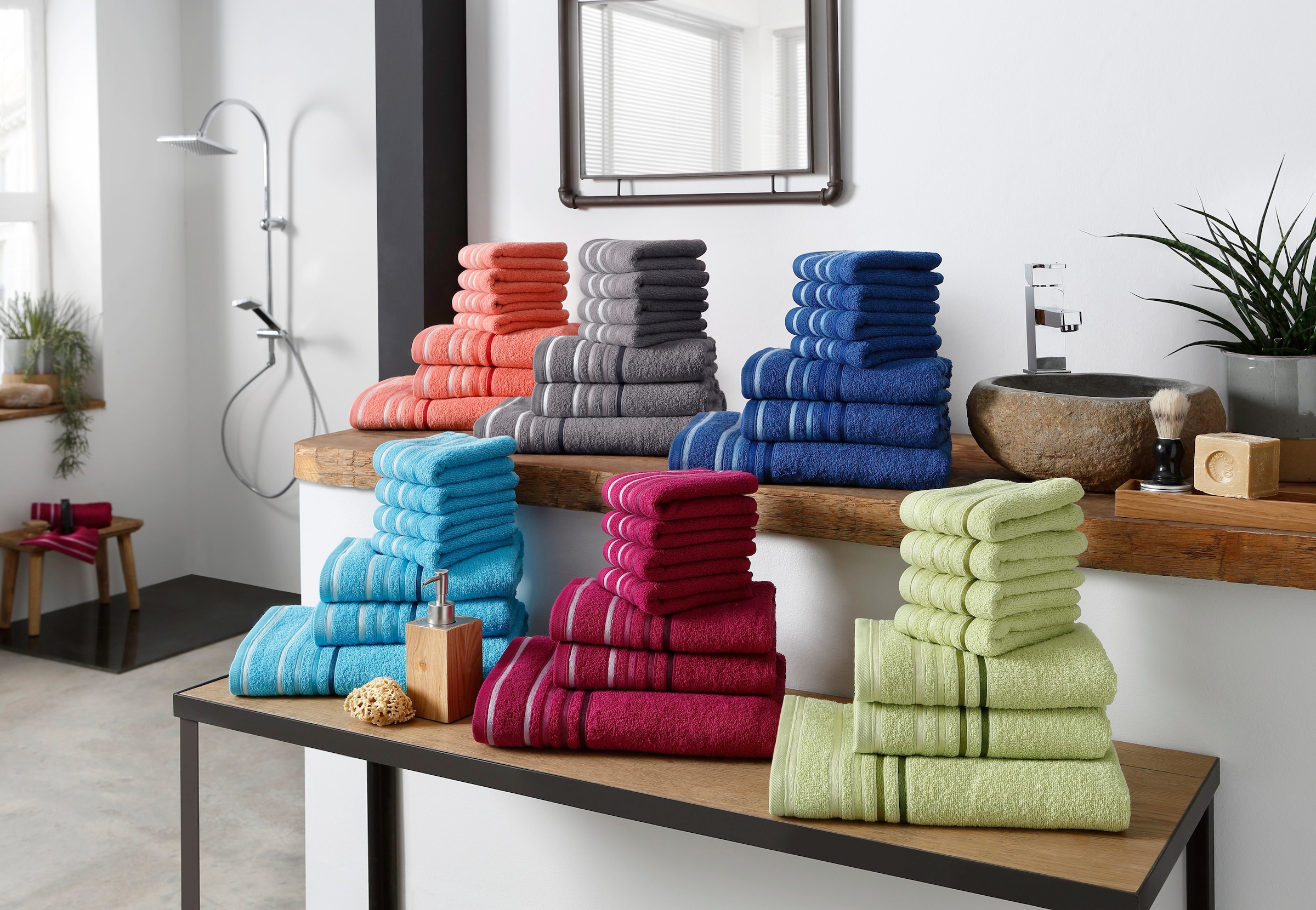 my home Handtuch Set Handtuchset Streifenbordüre, »Niki«, Walkfrottee, Baumwolle Set, online mit mehrfarbiger kaufen tlg., 100% 7 aus