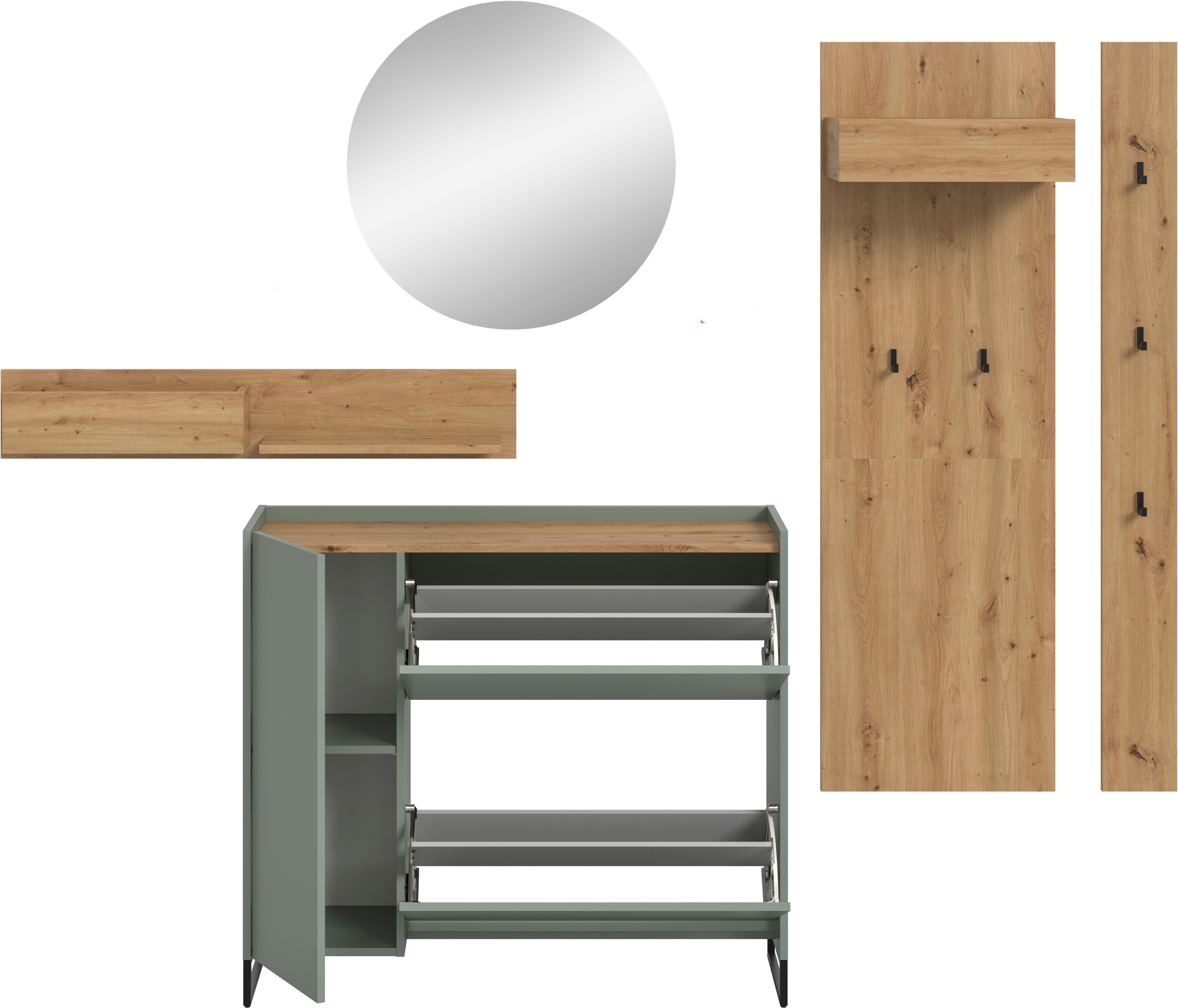 INOSIGN Garderoben-Set »EVRID, 5-teilig, Breite 236 cm, individuell stellbar & erweiterbar« best. aus.: Wandboard, Kommode, Spiegel, Garderobenpaneel, Hakenleiste, 5 Stk. tlg.