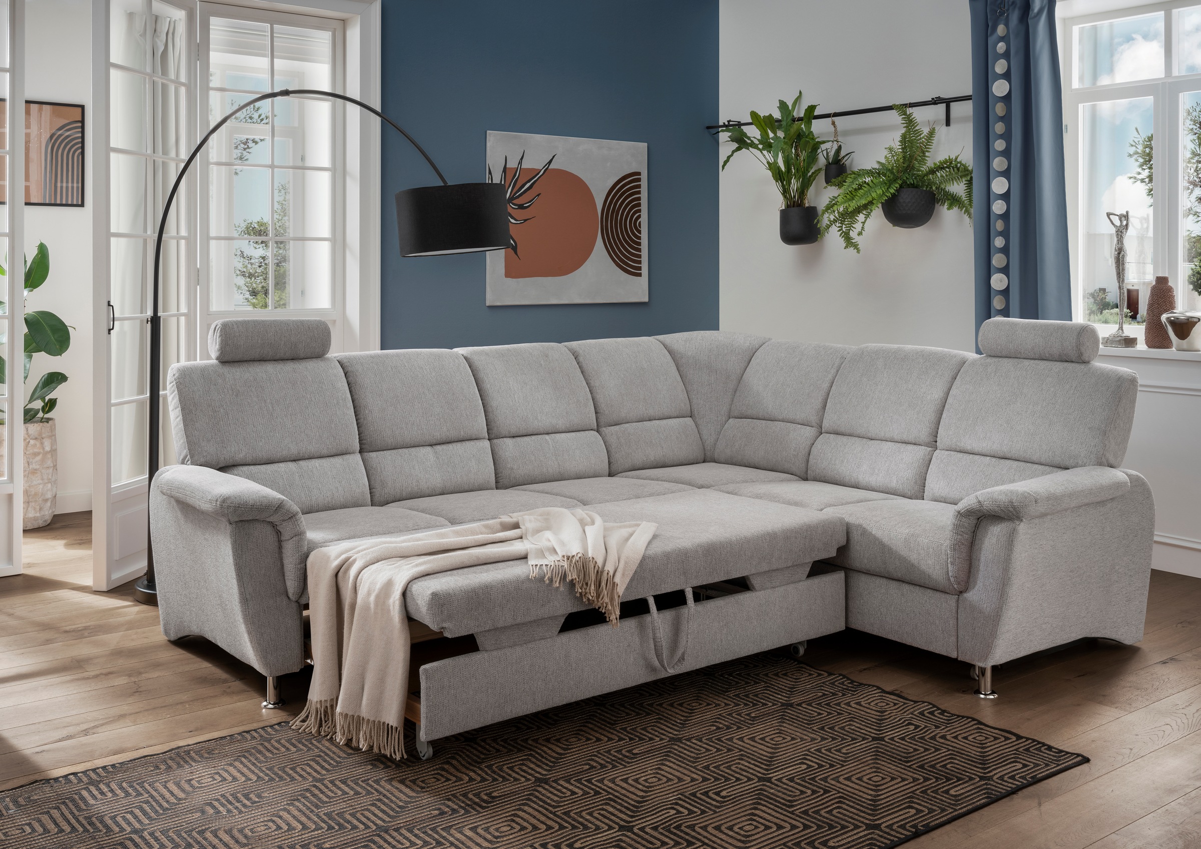 Home affaire Ecksofa »Pisa L-Form, mit Schlaffunktion, Stauraum, 2x höhenverstellbare«, Kopfstützen und Relaxfunktion im Eckelement