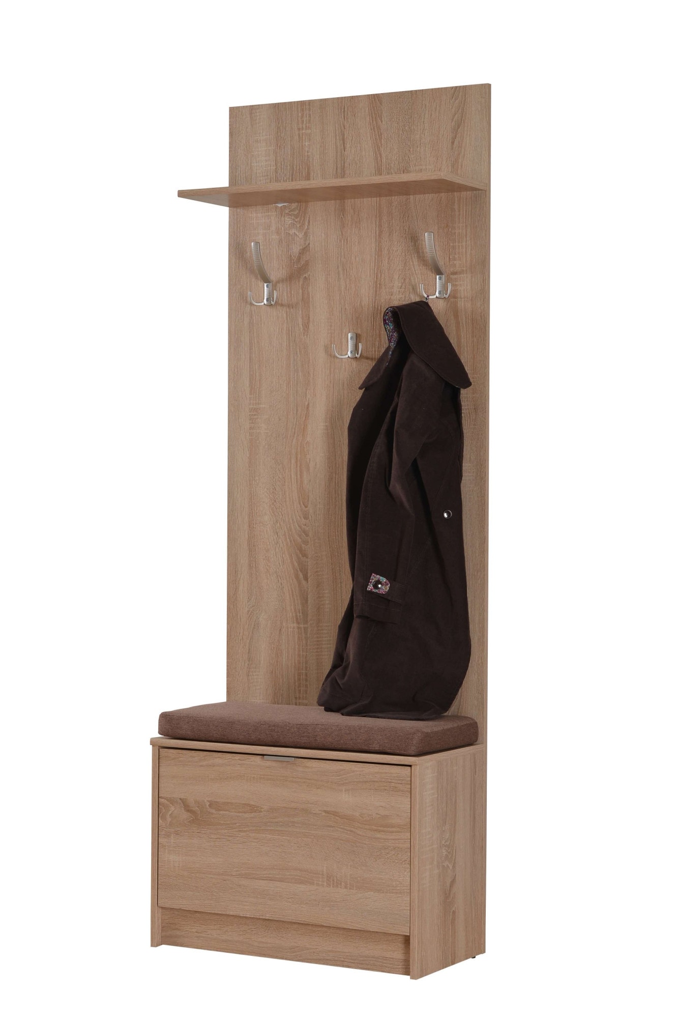 INOSIGN Kompaktgarderobe »Flamenco Flurgarderobe, Dielenschrank, Flurmöbel, Breite 67 cm«, mit Sitzbank und Garderobenpaneel, Klapptür, 8 Haken, in Sonoma Eiche