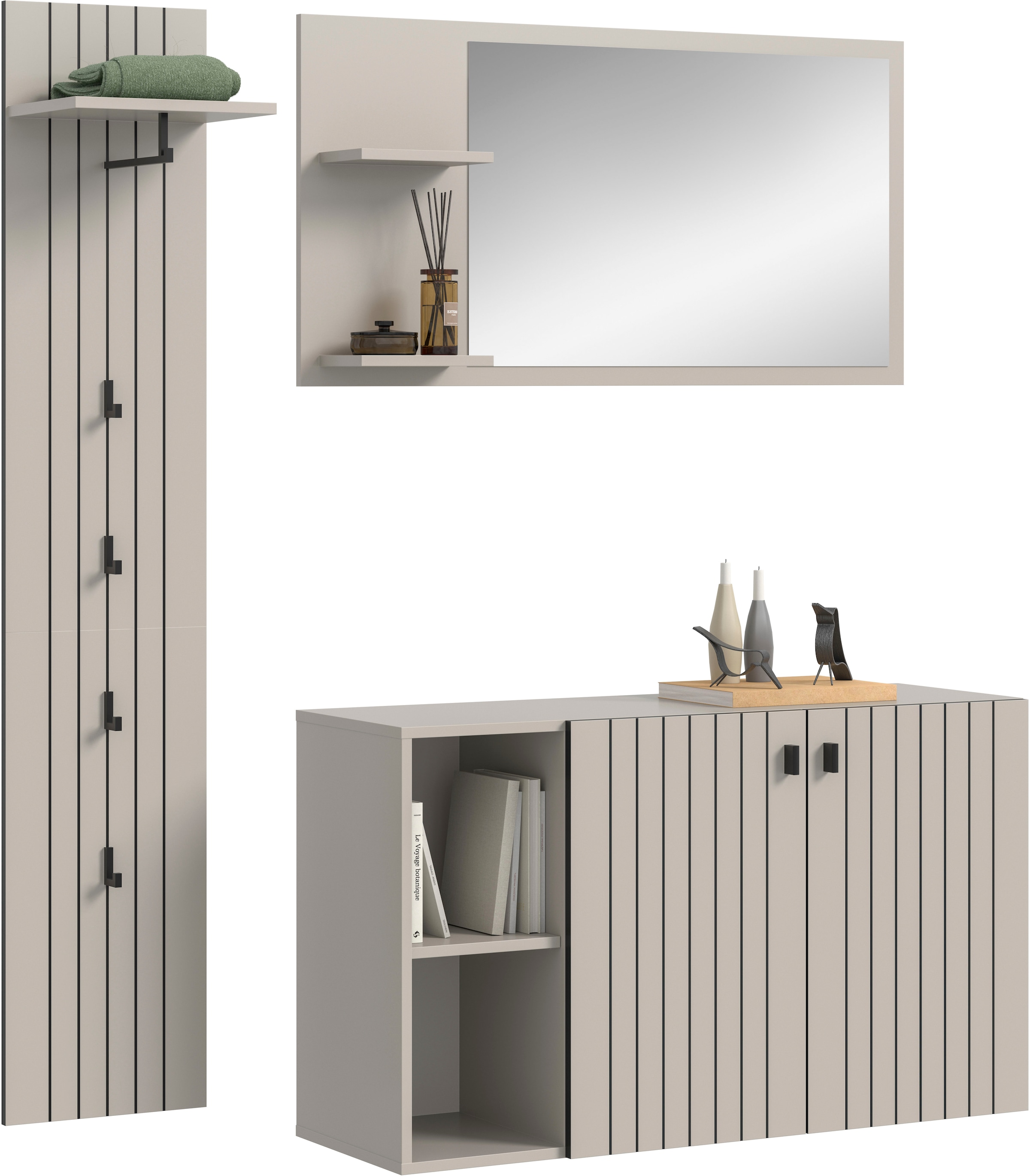 INOSIGN Garderoben-Set »TATIO, 3-tlg. Garderobenkombination, Breite: 152 cm Rillenfräsung« Set, Set, best. aus: 1 Spiegel, 1 Garderobenpaneel, 1 Schuhkommode, 3 Stk. tlg.