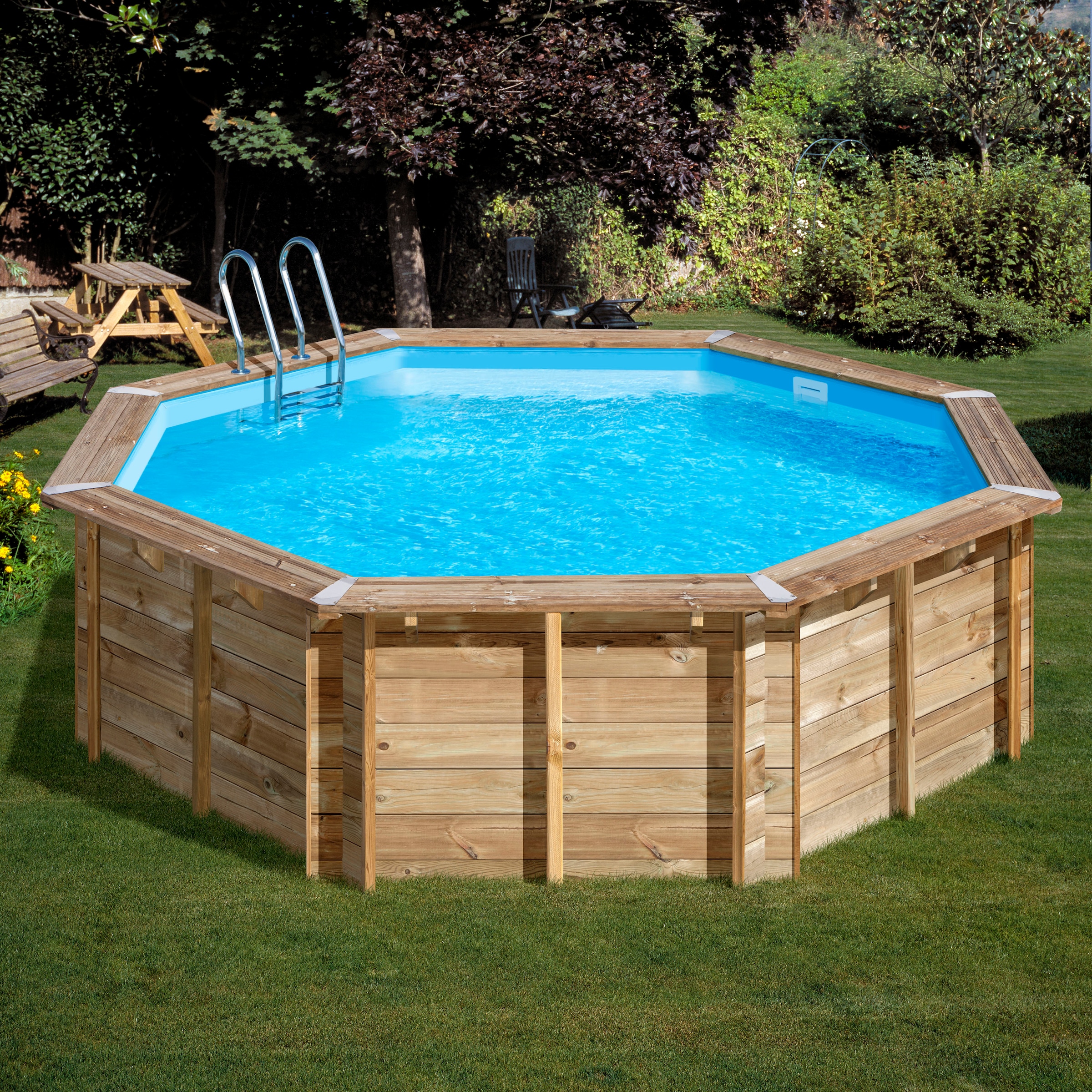 Gre Achteckpool »VIOLETTE 2 mit Edelstahlleiter«, (Set, 8 tlg.), Kiefernholz, ØxH: 500x127 cm