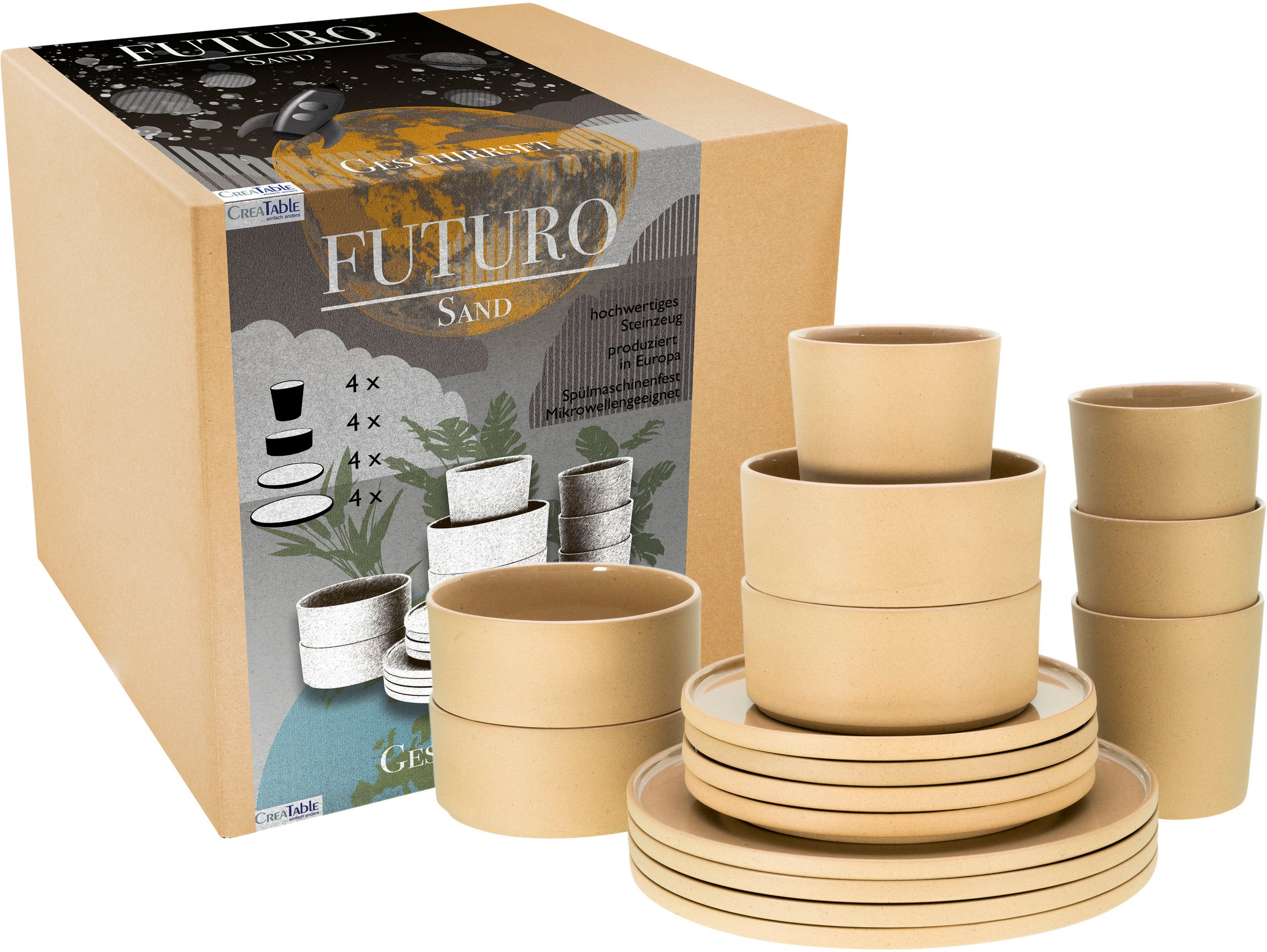 CreaTable Kombiservice »Futuro«, (Set, 16 tlg.), Service, je 4 Speiseteller, Dessertteller, Schalen, Kaffeebecher