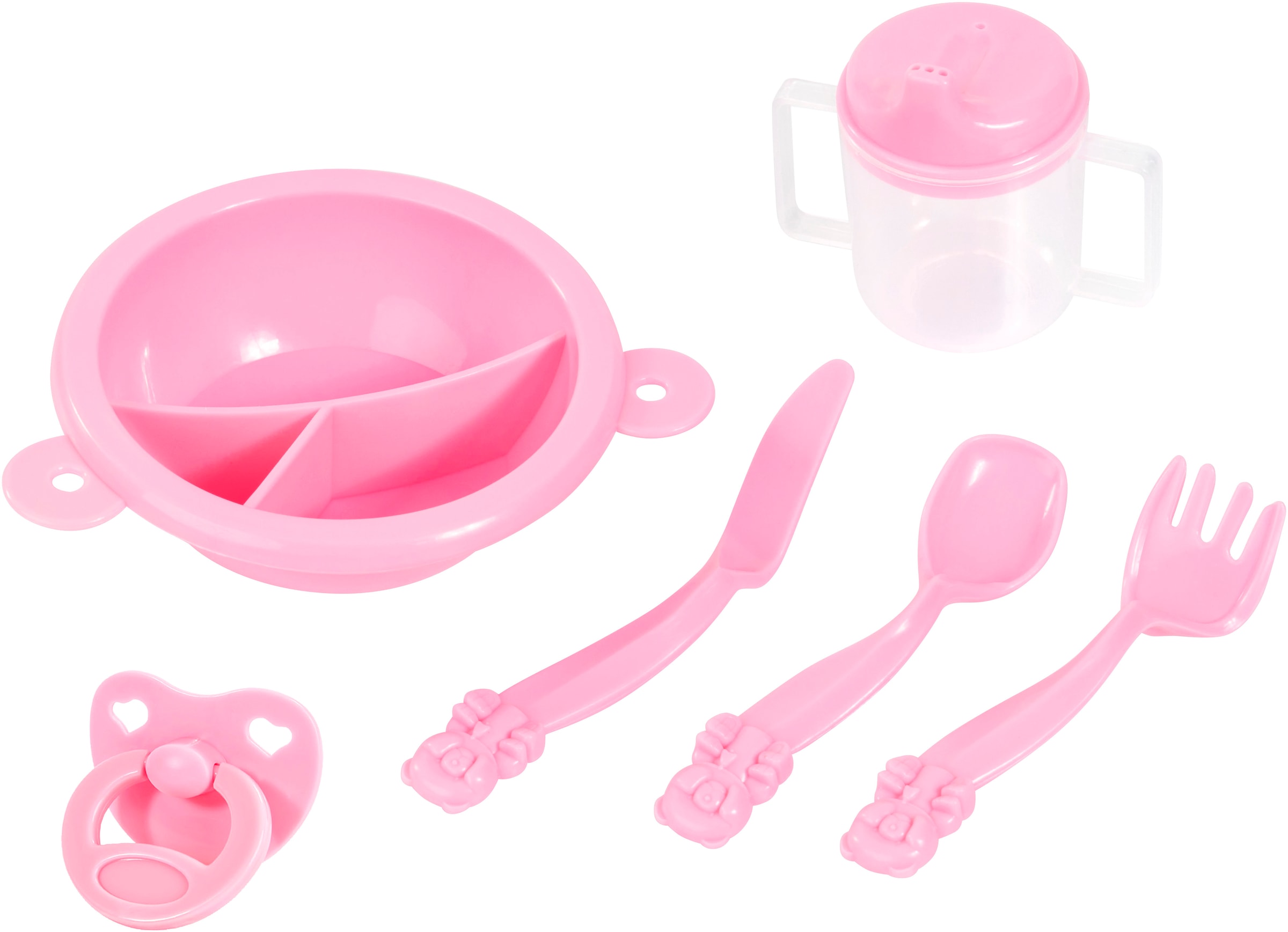 Bayer Puppenbett »Puppen-Reisebett-Set altrosa« inklusive Hochstuhl, Tasche, Teller, Trinkbecher, Besteck, Schnuller