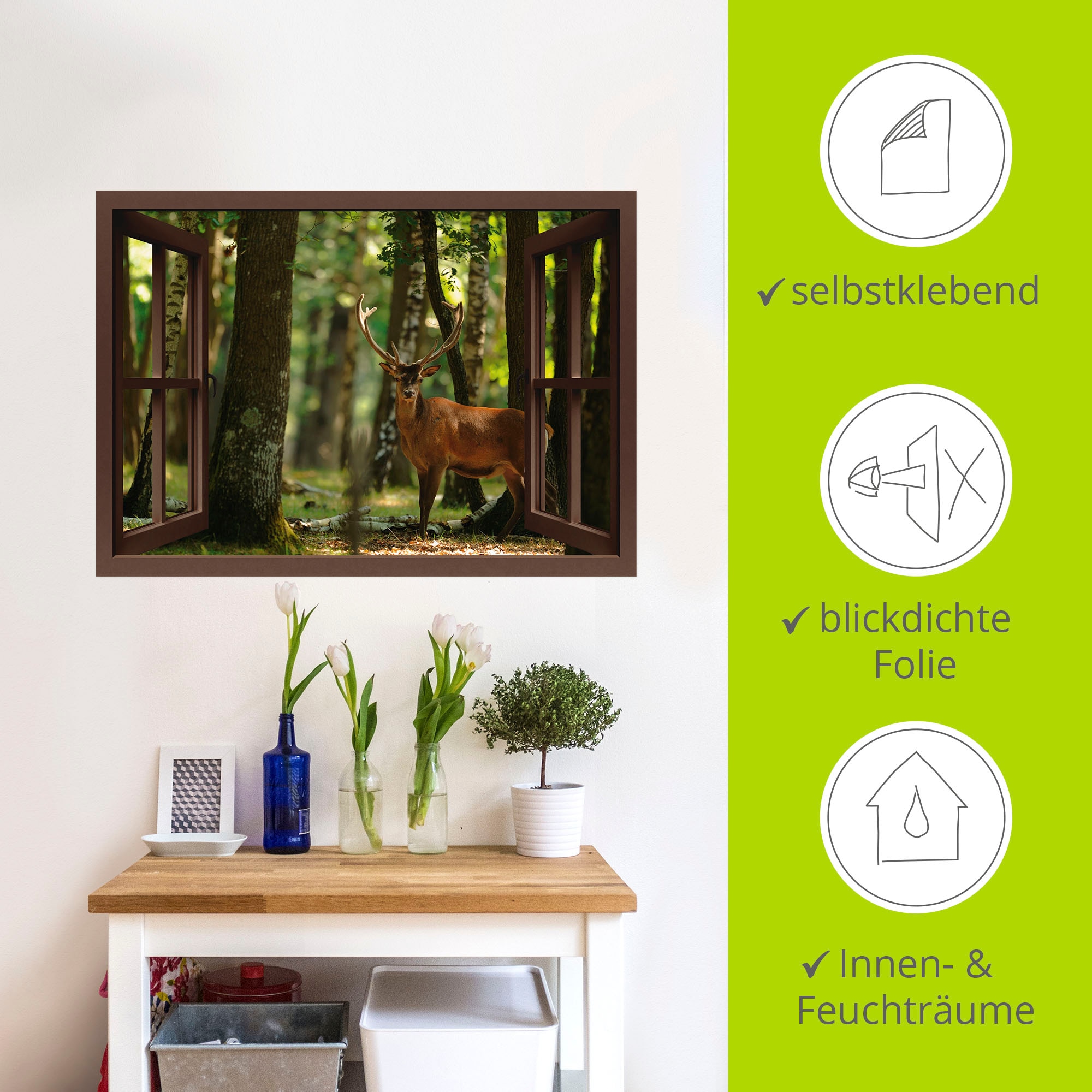 Artland Wandbild »Fensterblick - Hirsch 4 - Wald«, Fensterblick, (1 St.), als Leinwandbild, Wandaufkleber in verschied. Größen