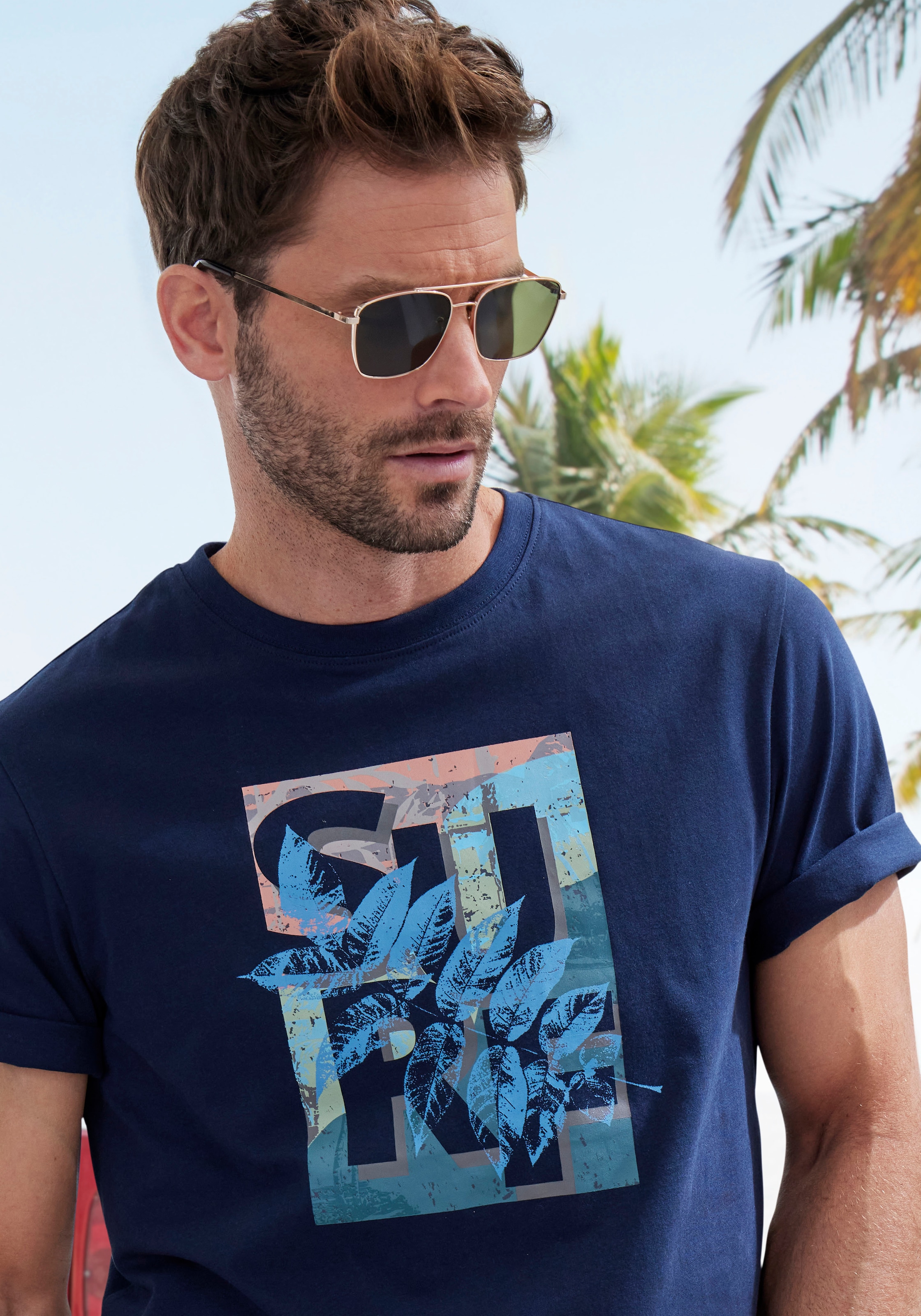 John Devin T-Shirt, Rundhalsshirt mit Surf -Aufdruck aus reiner Baumwolle