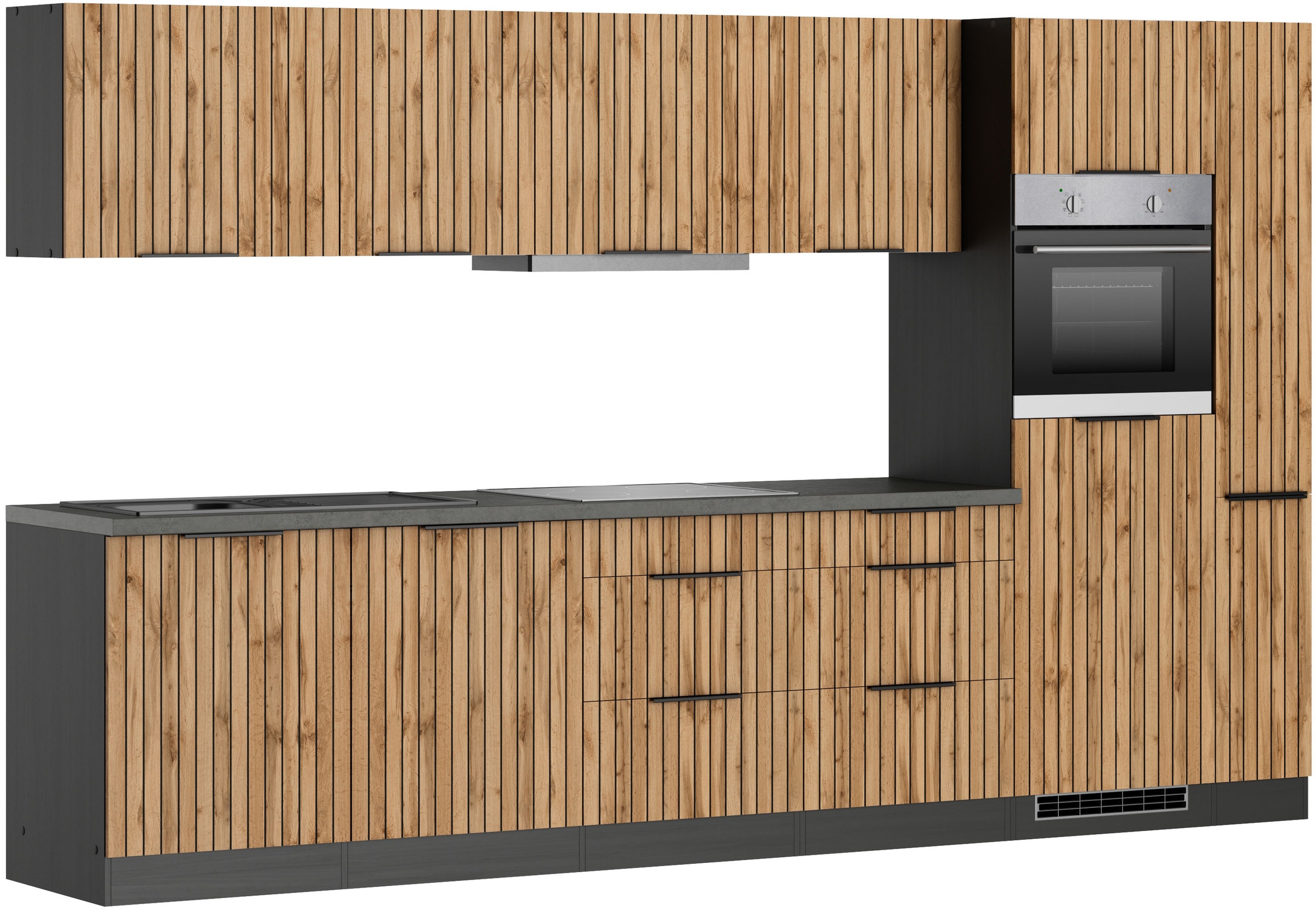 KOCHSTATION Küchenzeile »KS-Lagos, wahlweise mit E-Geräten, Spüle edelstahl oder schwarz«, Breite 330cm, Ceran-oder Induktionskochfeld,mit oder ohne Kühlschrank