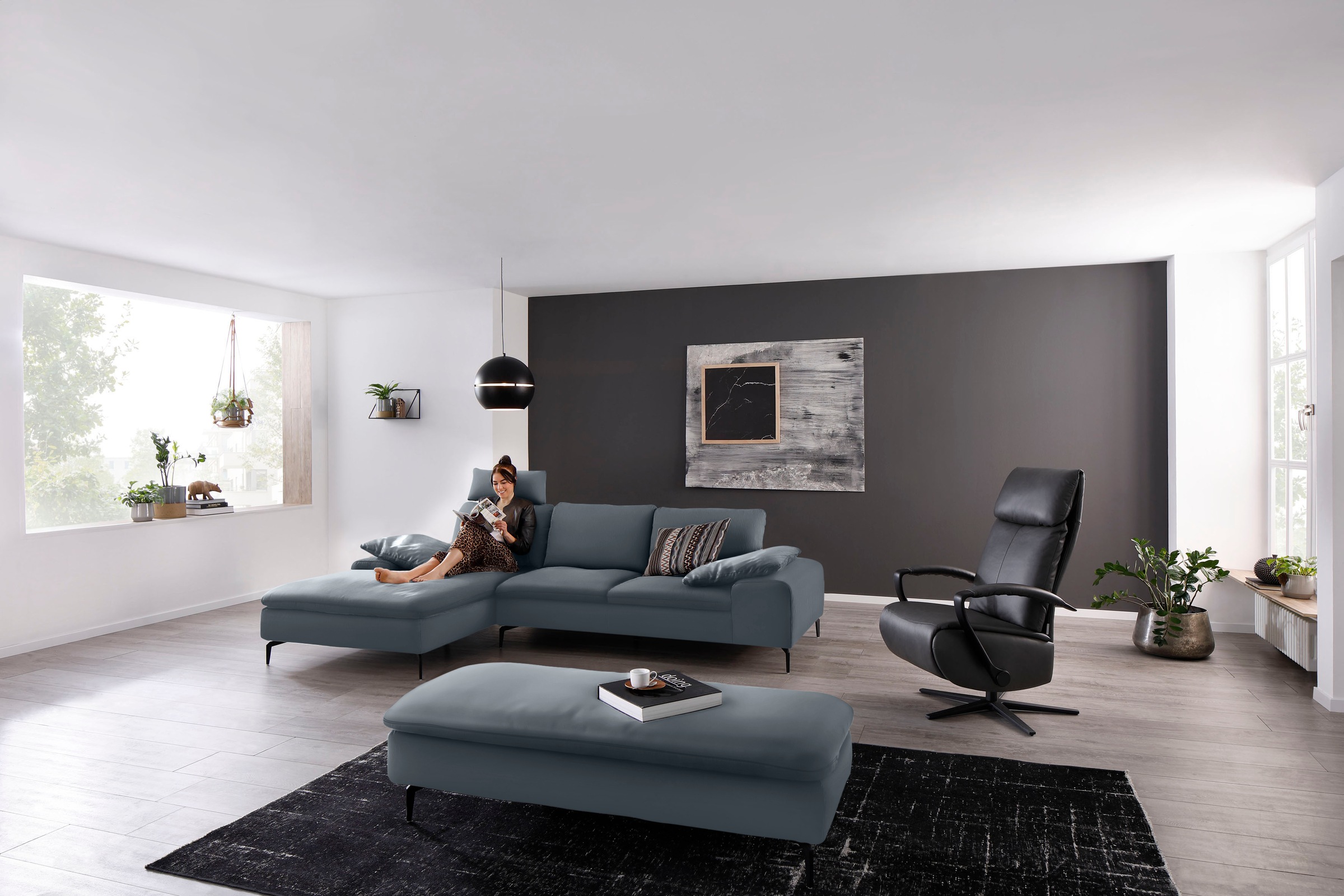 W.SCHILLIG Ecksofa »valentinoo, Designsofa, bequem, elegant und zeitlos, L-Form«, (Set), inklusive Hocker, mit Sitztiefenverstellung, Breite 299 cm