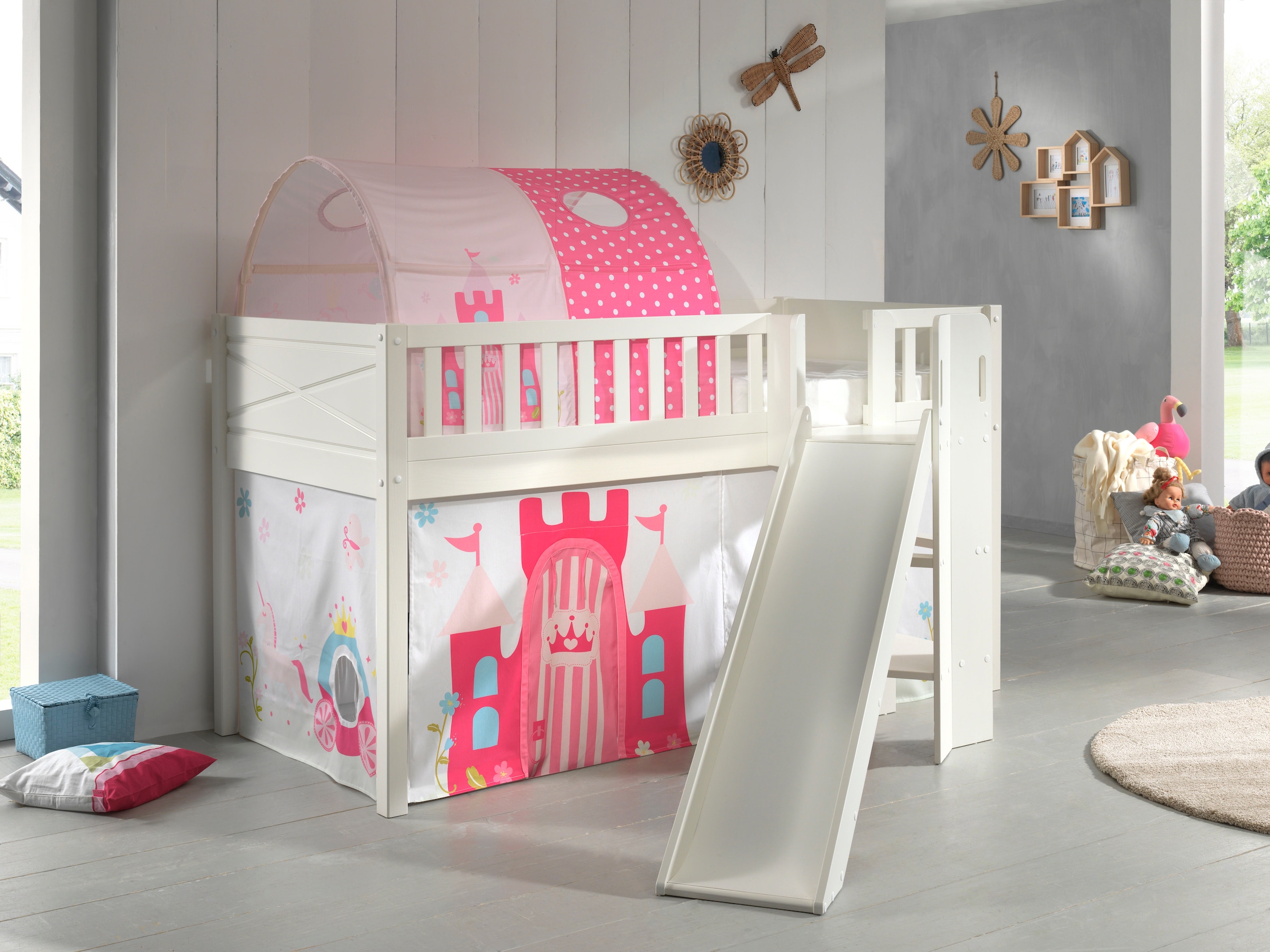 Vipack Hochbett »Scott«, (Made in Europe), m. Rutsch-/Leiterturm, LF 90x200 cm, Vorhang, Tunnel, 4 Designs