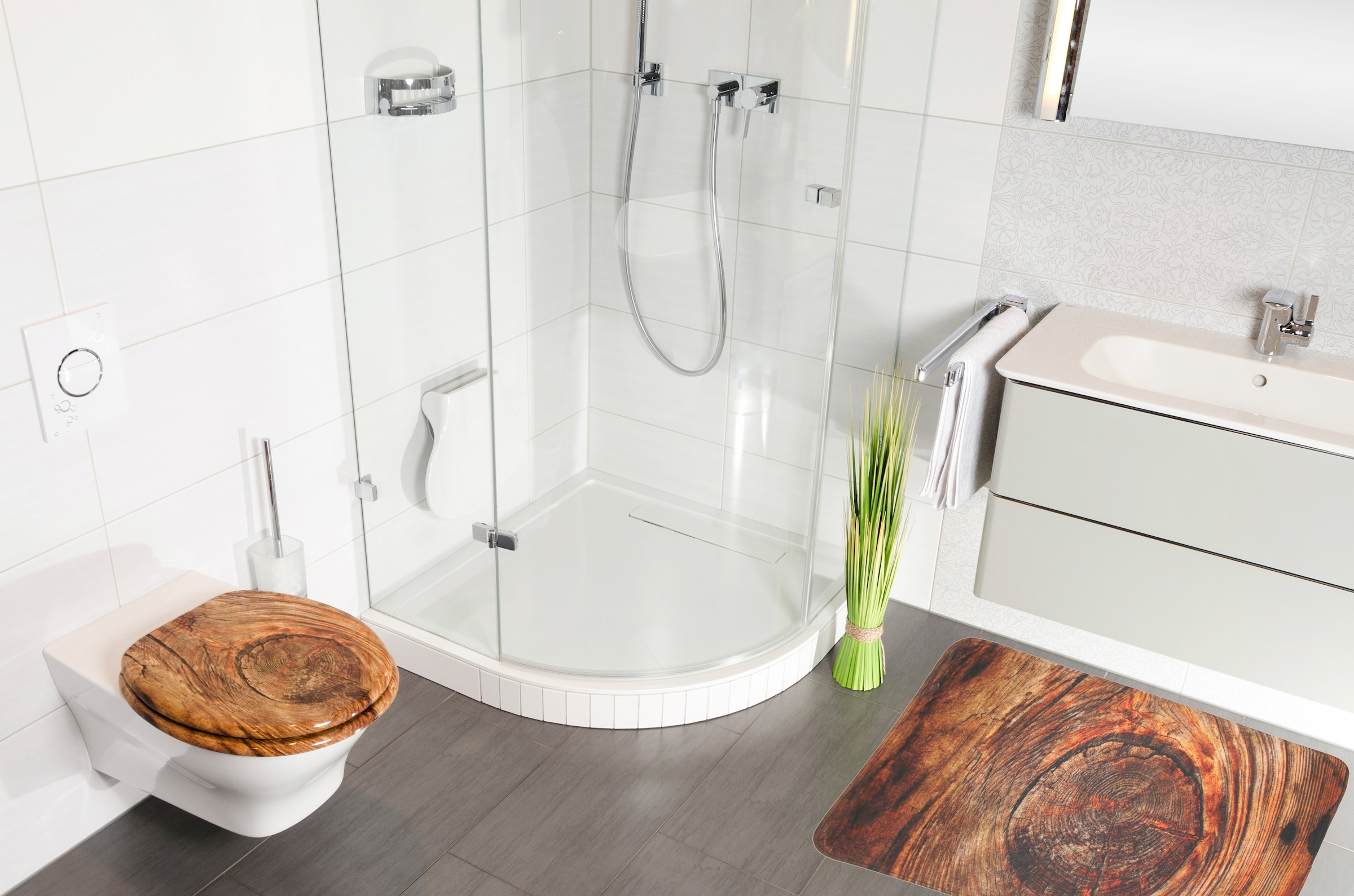 Sanilo Badaccessoire-Set »Rustikal«, (Komplett-Set, 3 tlg.), bestehend aus WC-Sitz, Badteppich und Waschbeckenstöpsel