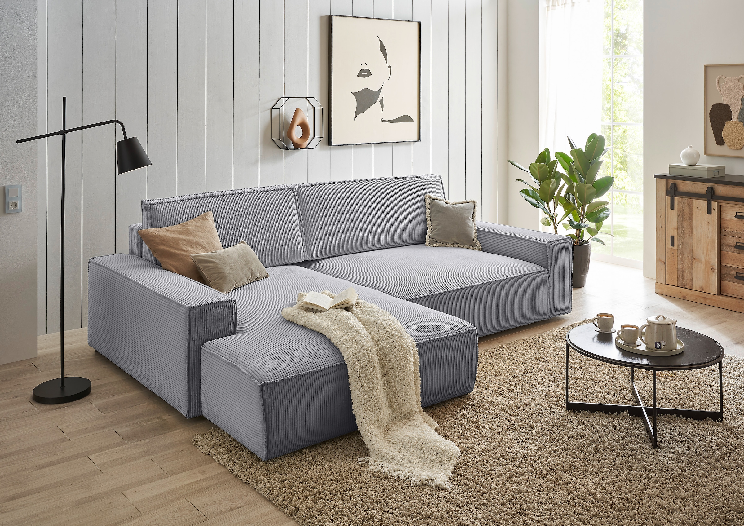 Home affaire Ecksofa »NEU: SHERWOODL XXL 284, Big-Sofa L-Form, tiefe Sitzfläche 95 cm, Cord,«, Leinenoptik, Recamiere rechts/links, auch als Schlafsofa stellbar