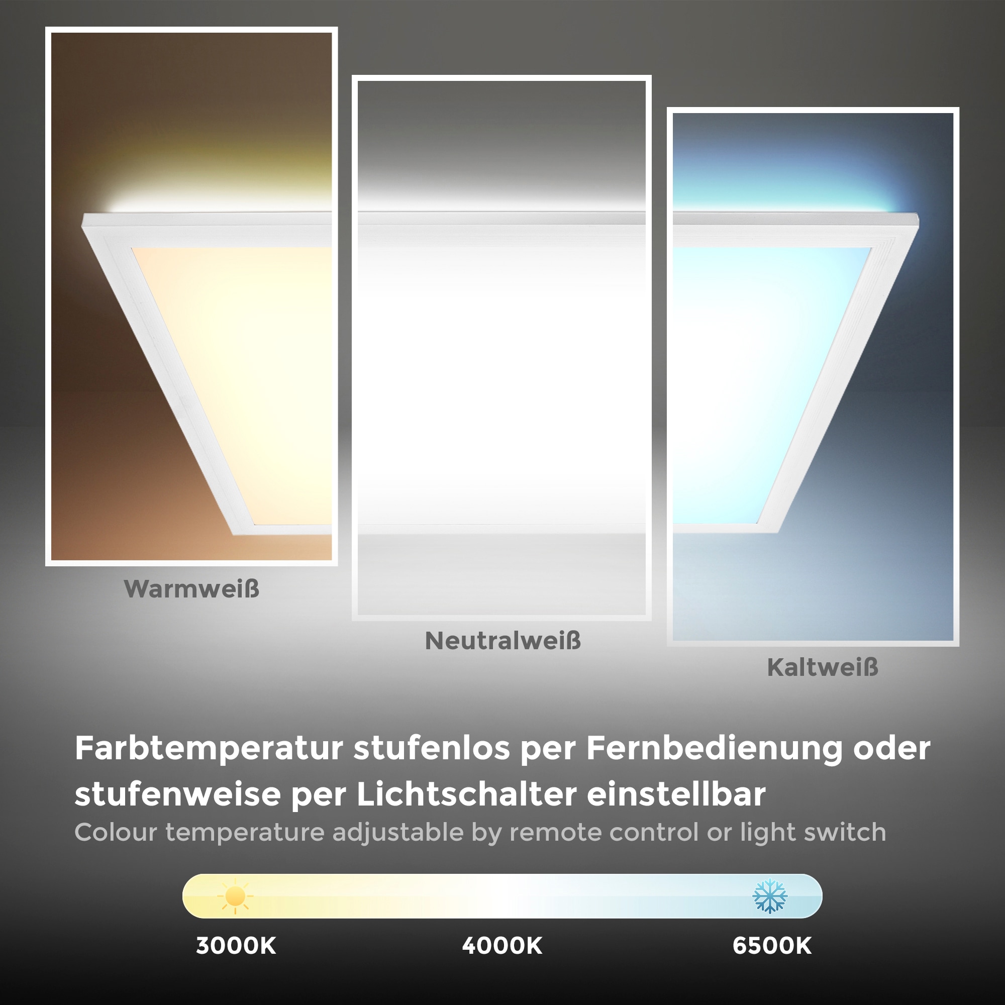 B.K.Licht LED Deckenleuchte, CCT LED Panel mit Fernbedienung und Hintergrundbeleuchtungseffekt, LED-Platine 24 Watt, dimmbar 2.500lm, 3.000 - 6.500K 