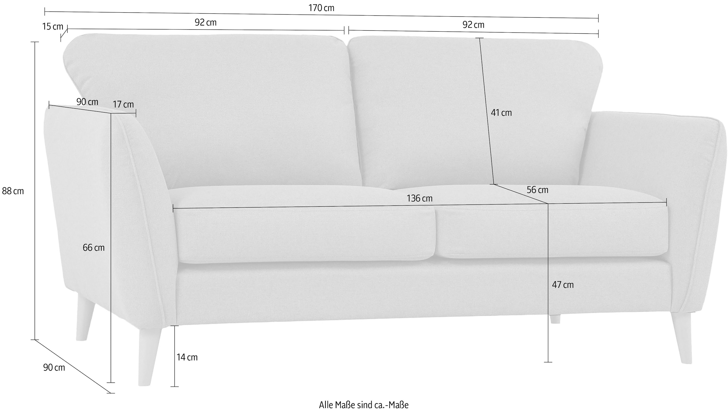 Home affaire 2-Sitzer »MARSEILLE Sofa 170 cm«, mit Massivholzbeinen aus Eiche, verschiedene Bezüge und Farbvarianten