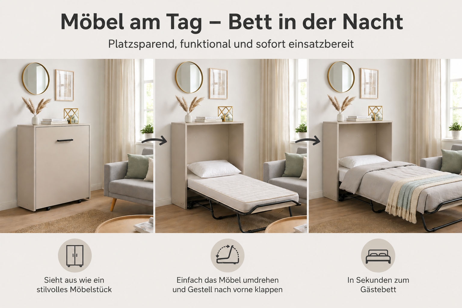 Home affaire Schrankbett »Sognum als Gästebett nutzbar, Wandklappbett in Kommodenoptik« in den Farben weiß, schwarz und kaschmir erhältlich,  inkl. Matratze, platzsparendes Klappbett, optimal für kleine Räume