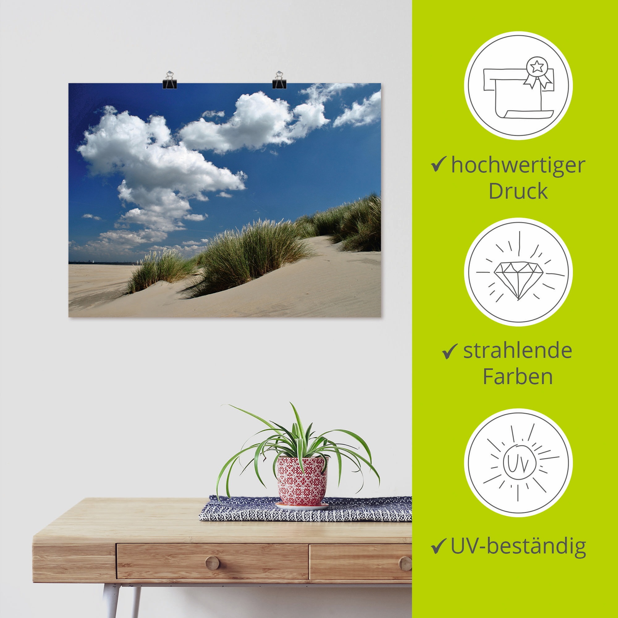 Artland Poster »Himmel, Dünen und Meer«, Strand, (1 St.), als Leinwandbild, Wandaufkleber oder Poster in versch. Größen