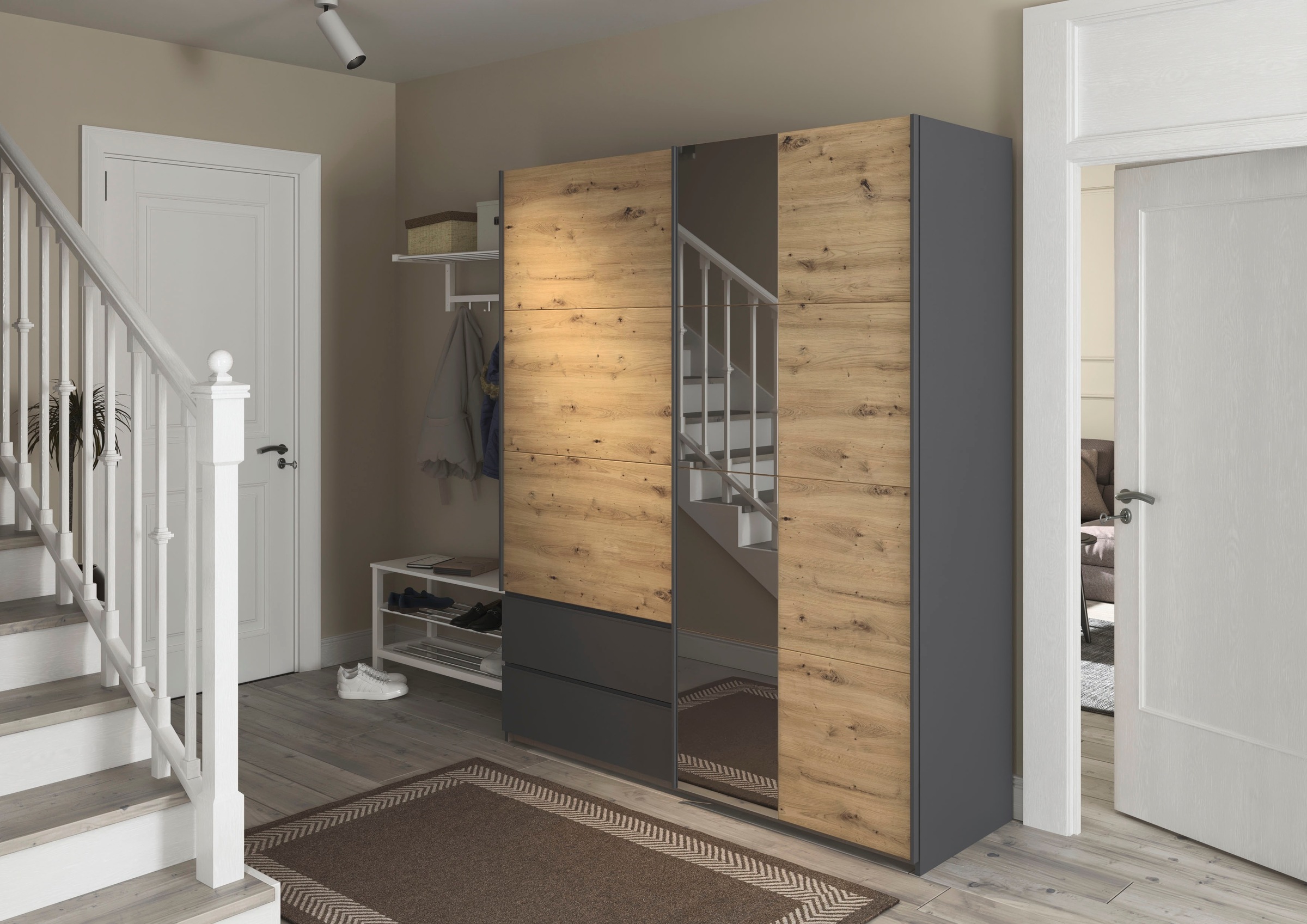 rauch Schwebetürenschrank »Kleiderschrank Schrank Garderobe Wäscheschrank SEVILLA mit Spiegel«, (in 3 verschiedenen Ausstattungen BASIC/CLASSIC/PREMIUM), Metall-Griffleisten alufarben oder Graumetallic MADE IN GERMANY