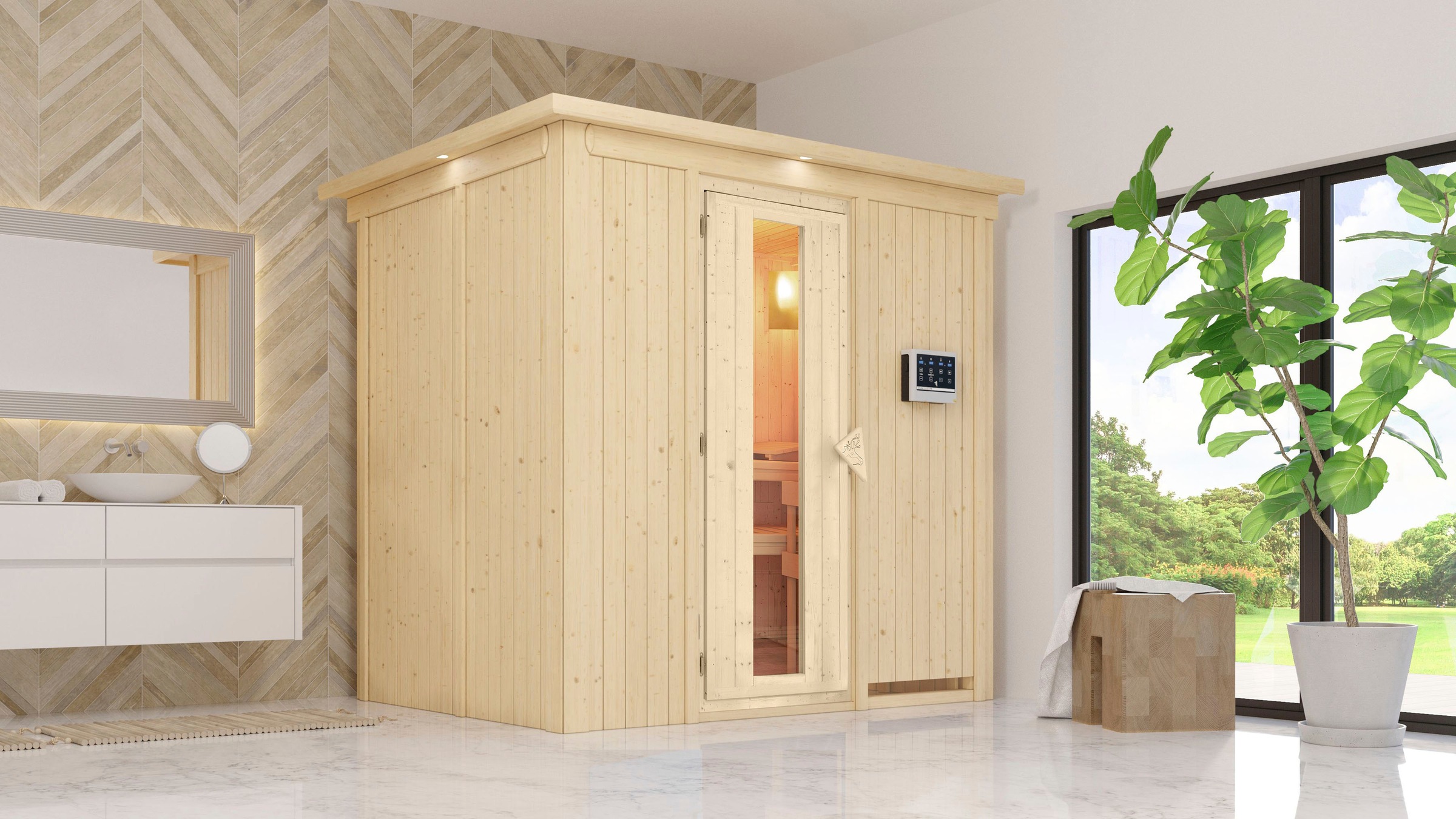 Karibu Sauna »Bellin«, 3,6-kW-Plug & Play BIO-Ofen mit ext. Steuerung