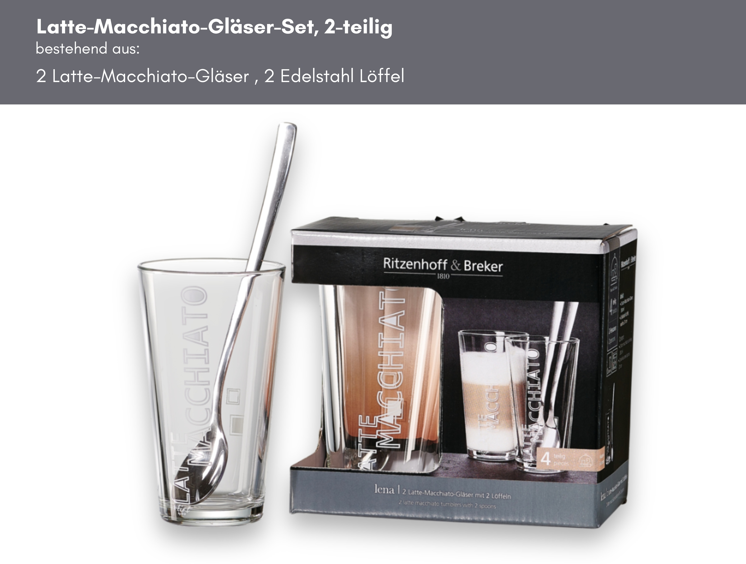 Ritzenhoff & Breker Latte-Macchiato-Glas »Lena«, (Set, 4 tlg.), 350 ml, 4-teilig, inkl. 2 Löffel aus rostfreiem Edelstahl