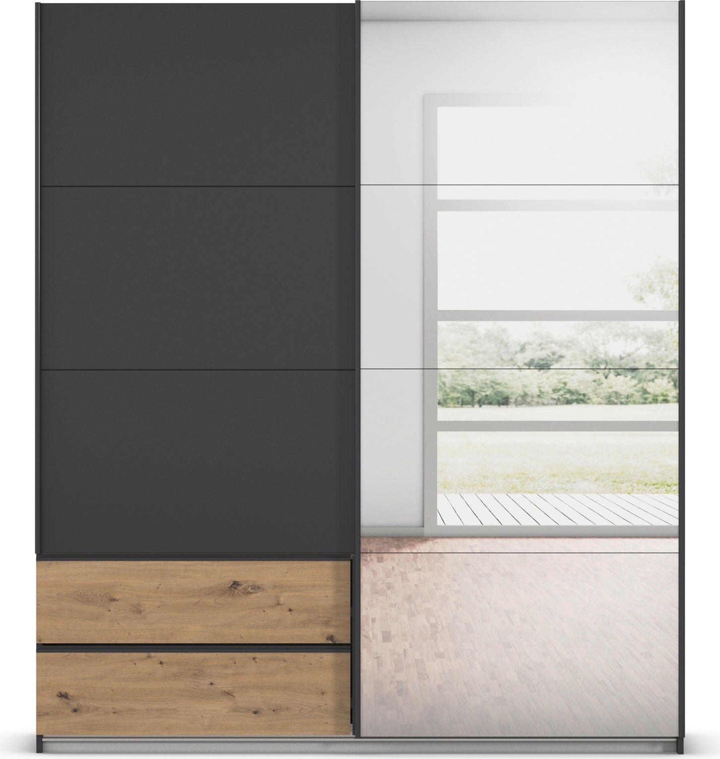 rauch Schwebetürenschrank »Kleiderschrank Schrank Garderobe Wäscheschrank ELARA mit Spiegel«, praktische Schubladen optional farblich abgesetzt MADE IN GERMANY